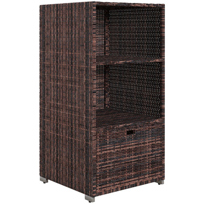 Outsunny Outdoor Storage Cabinet, Patio Storage Box Rack Rattan Wicker Pool Towel Valet Organizer Poolside Garden Lawn Bathroom Furniture Shelf w/ Shelf Drawer, Mixed Brown