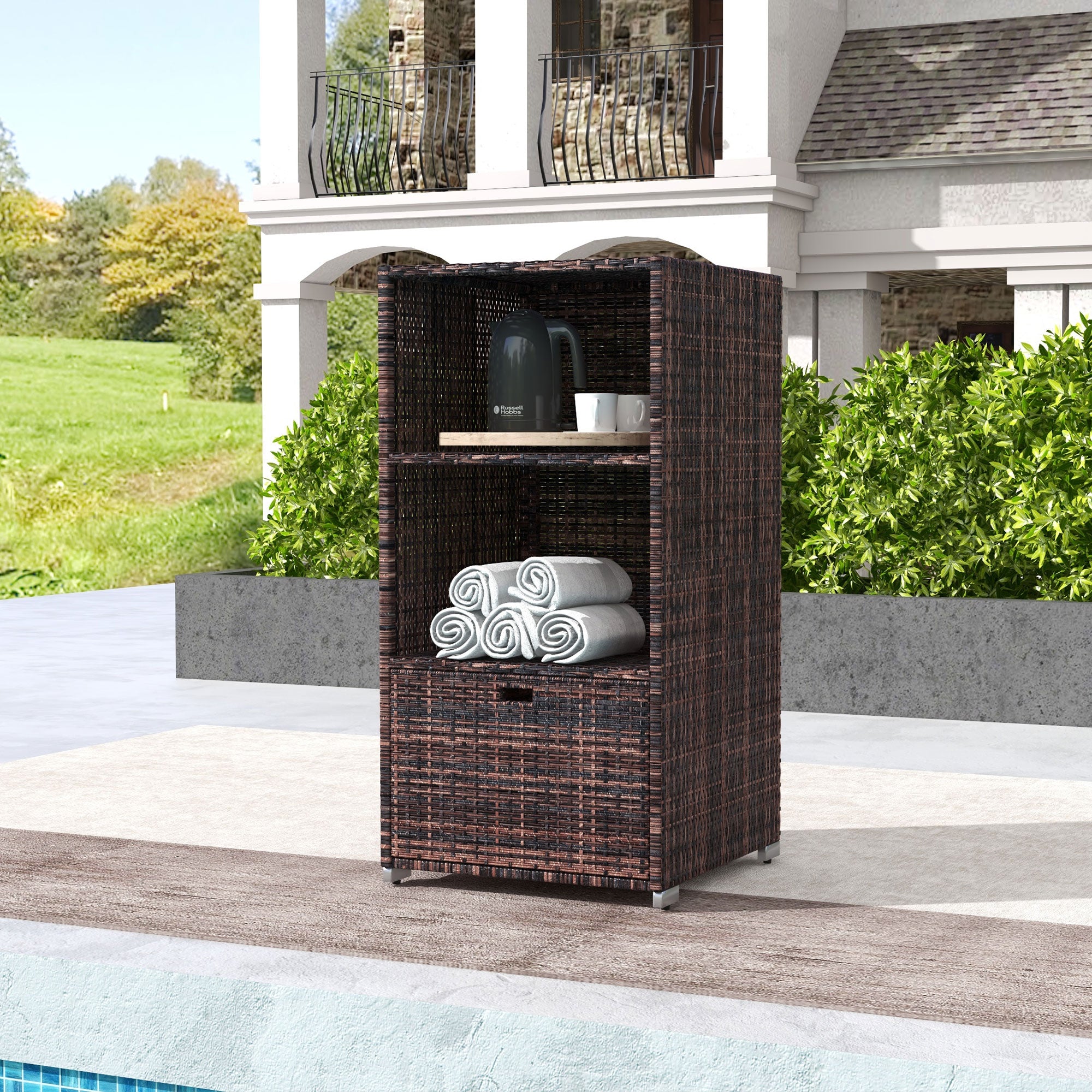 Outsunny Outdoor Storage Cabinet, Patio Storage Box Rack Rattan Wicker Pool Towel Valet Organizer Poolside Garden Lawn Bathroom Furniture Shelf w/ Shelf Drawer, Mixed Brown