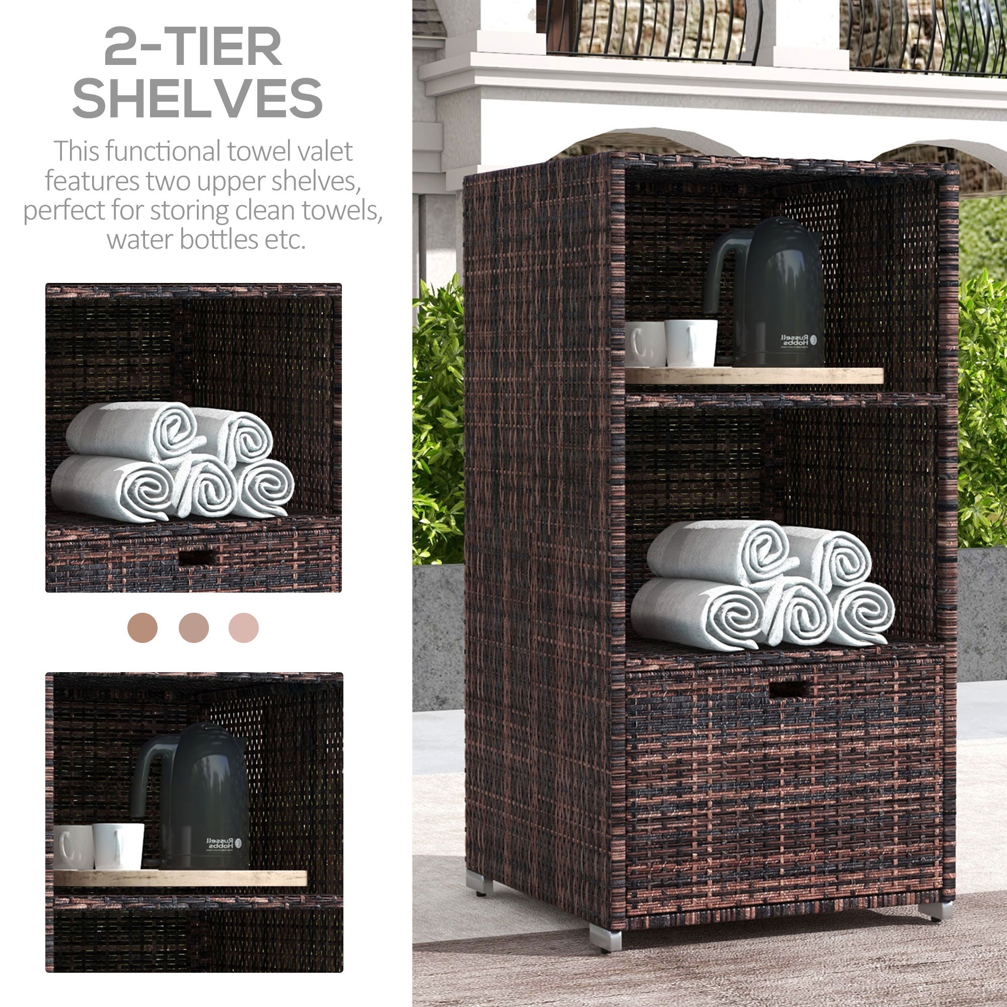Outsunny Outdoor Storage Cabinet, Patio Storage Box Rack Rattan Wicker Pool Towel Valet Organizer Poolside Garden Lawn Bathroom Furniture Shelf w/ Shelf Drawer, Mixed Brown