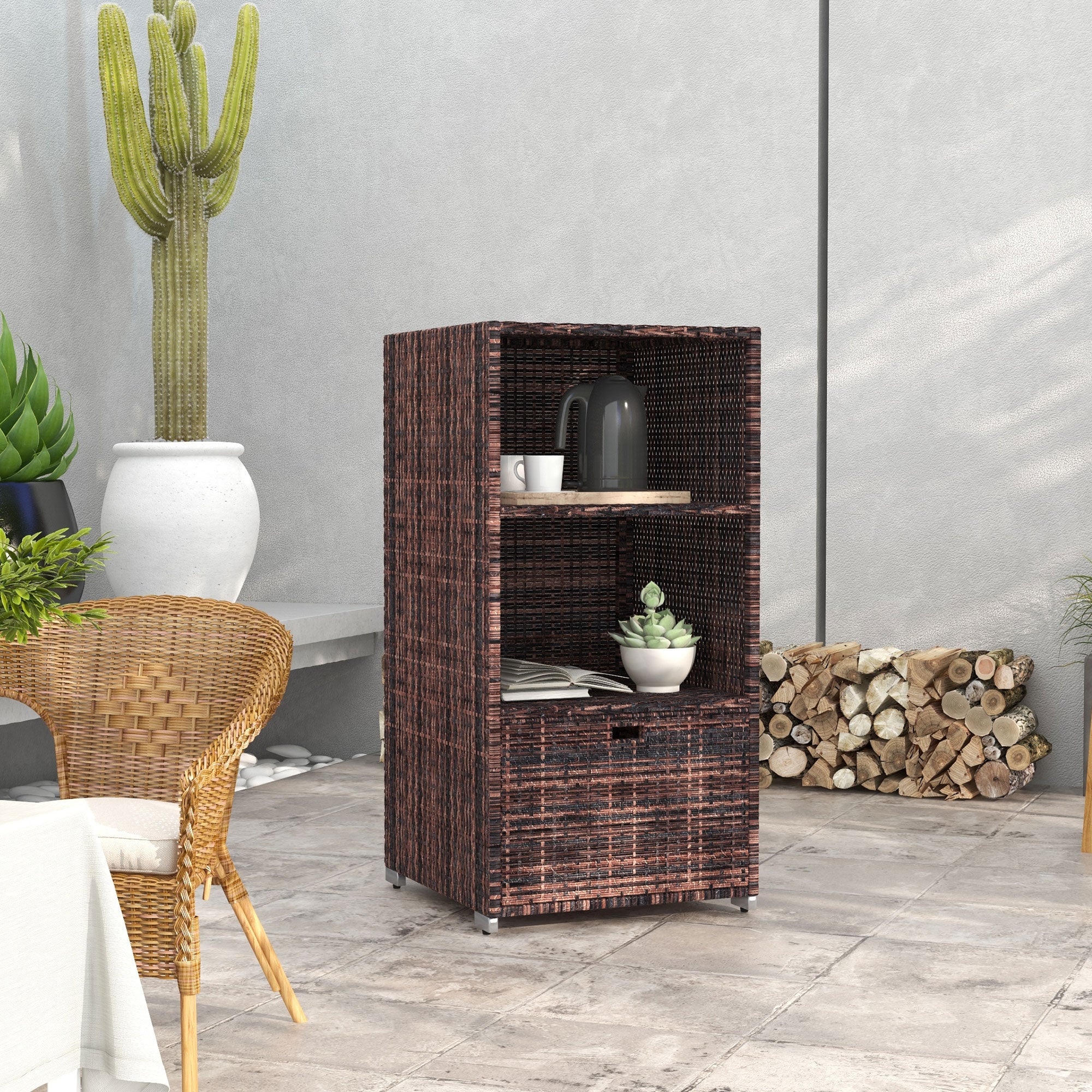 Outsunny Outdoor Storage Cabinet, Patio Storage Box Rack Rattan Wicker Pool Towel Valet Organizer Poolside Garden Lawn Bathroom Furniture Shelf w/ Shelf Drawer, Mixed Brown