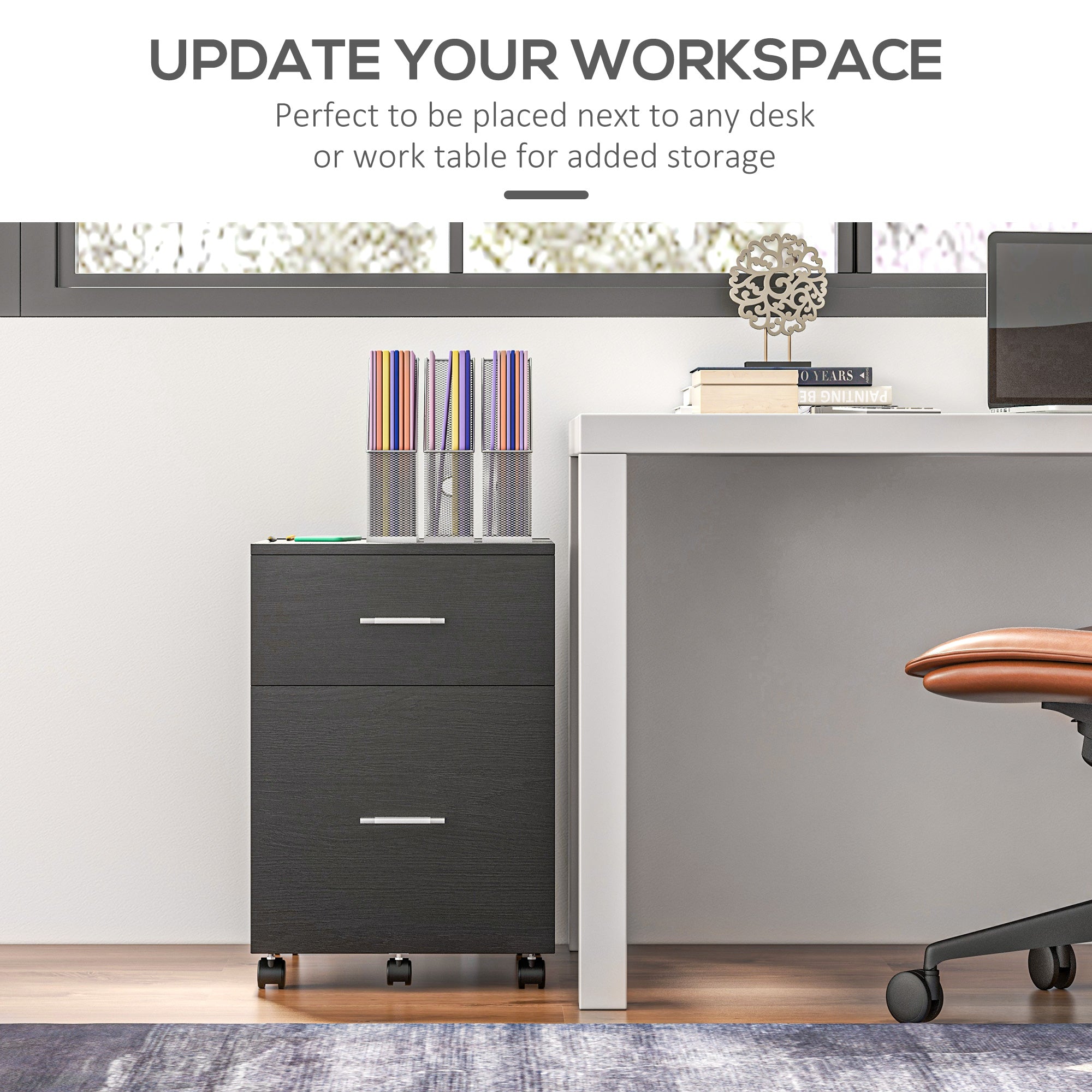 Vinsetto Vertical Filing Cabinet with Wheels, 2-Drawer Mobile File Cabinet, Office Storage Cabinet for Letter or A4 File, Study Home Office, Black