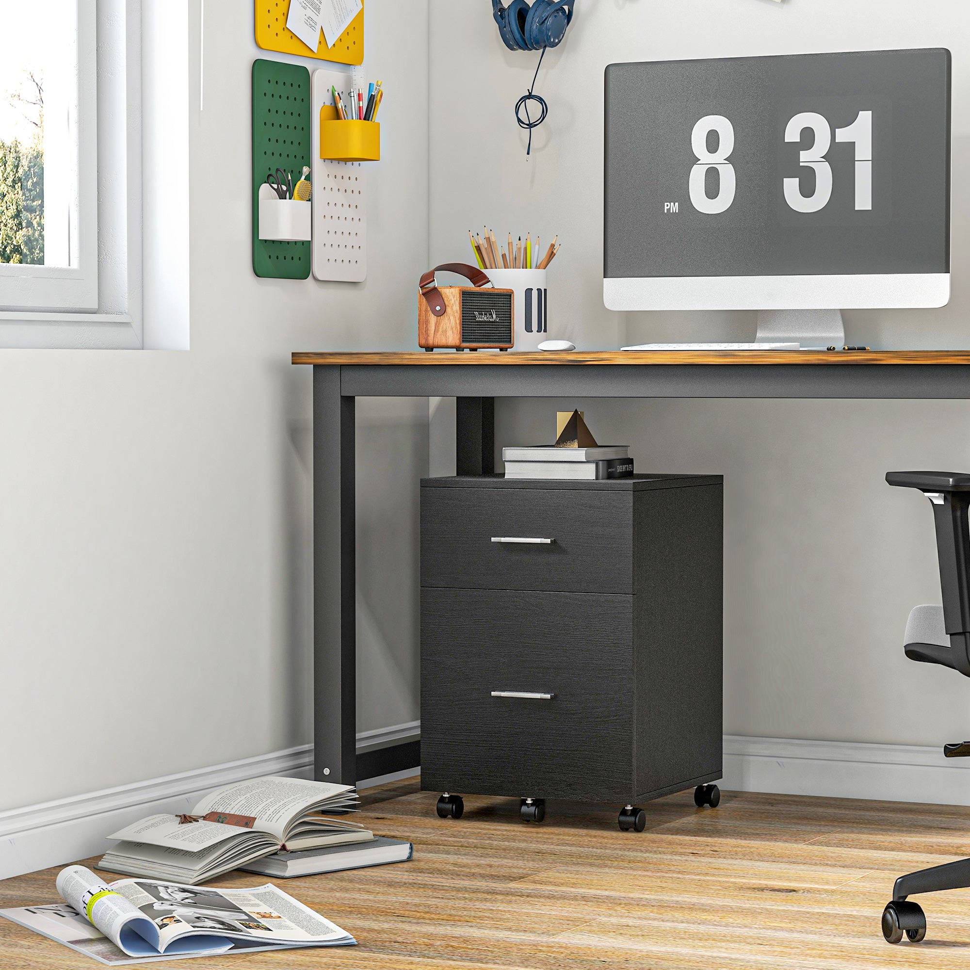 Vinsetto Vertical Filing Cabinet with Wheels, 2-Drawer Mobile File Cabinet, Office Storage Cabinet for Letter or A4 File, Study Home Office, Black