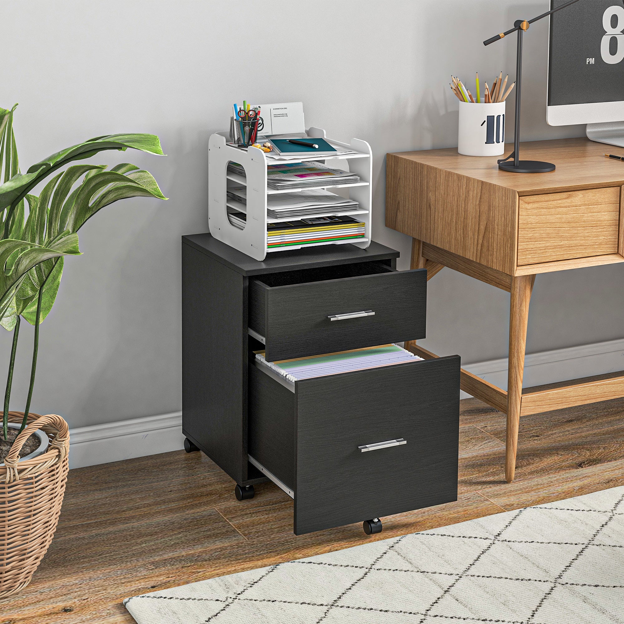 Vinsetto Vertical Filing Cabinet with Wheels, 2-Drawer Mobile File Cabinet, Office Storage Cabinet for Letter or A4 File, Study Home Office, Black