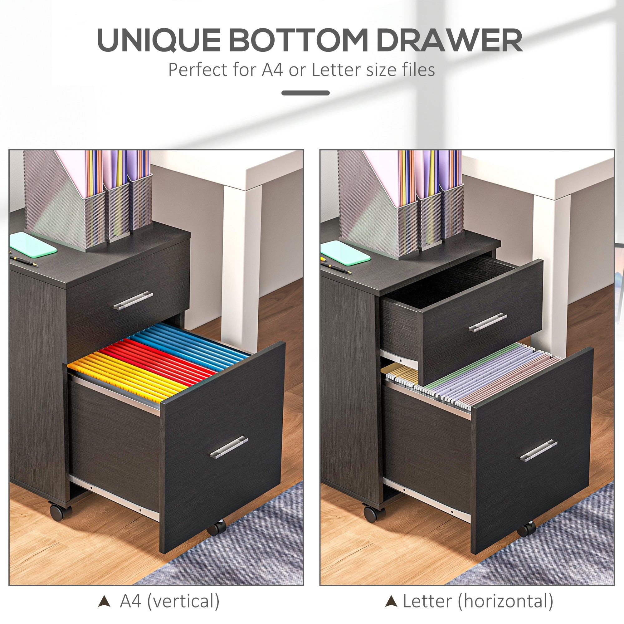 Vinsetto Vertical Filing Cabinet with Wheels, 2-Drawer Mobile File Cabinet, Office Storage Cabinet for Letter or A4 File, Study Home Office, Black