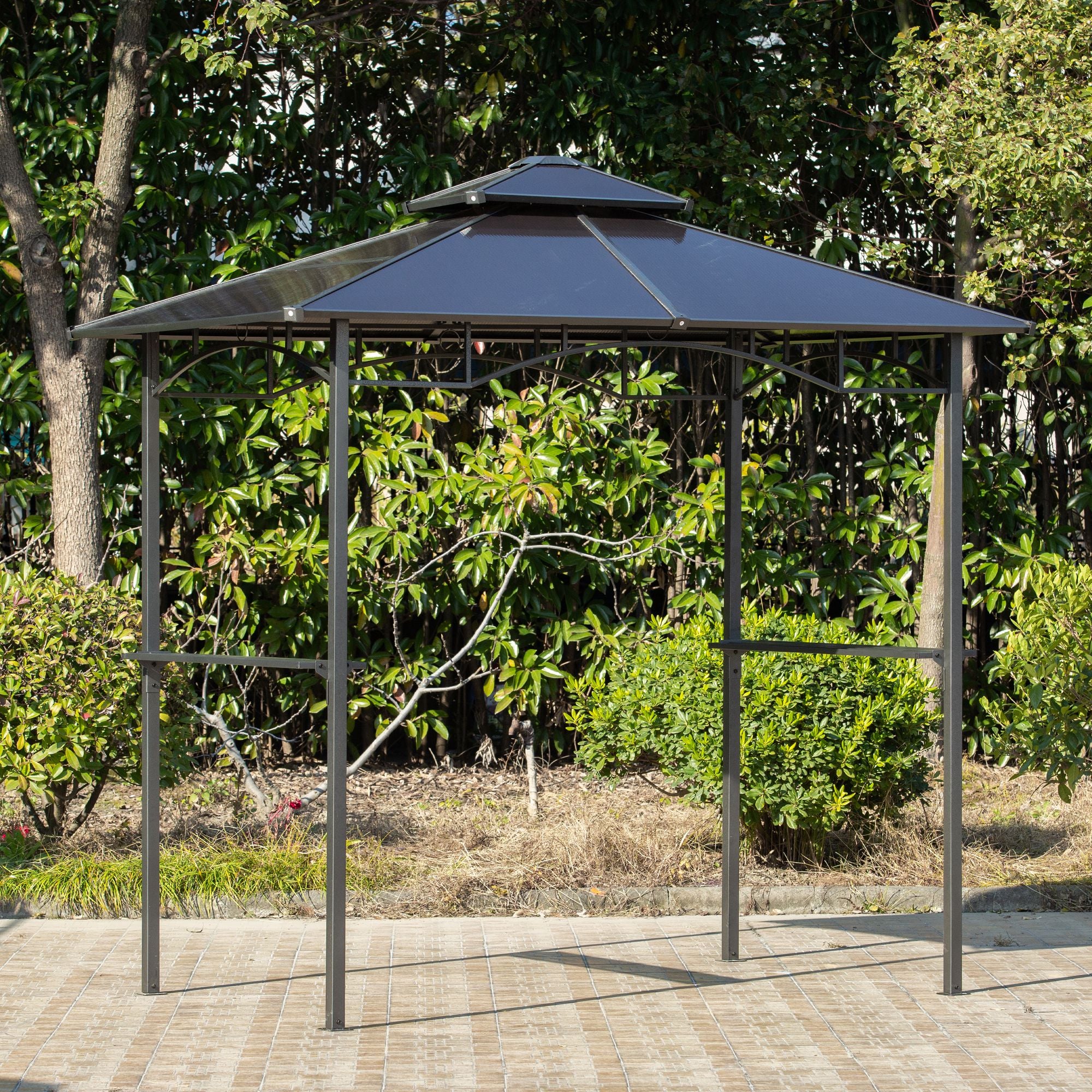 Outsunny 8' x 5' Hardtop Grill Gazebo, Aluminium BBQ Canopy Gazebo, Outdoor Canopy with Side Shelves & Double Roof