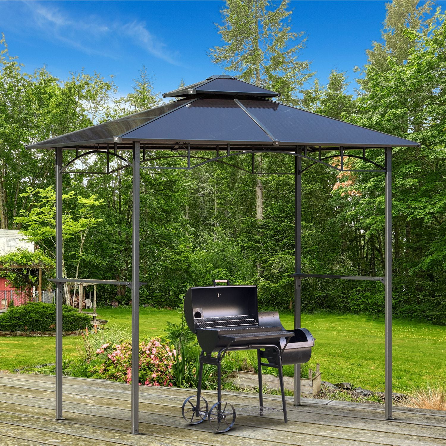 Outsunny 8' x 5' Hardtop Grill Gazebo, Aluminium BBQ Canopy Gazebo, Outdoor Canopy with Side Shelves & Double Roof