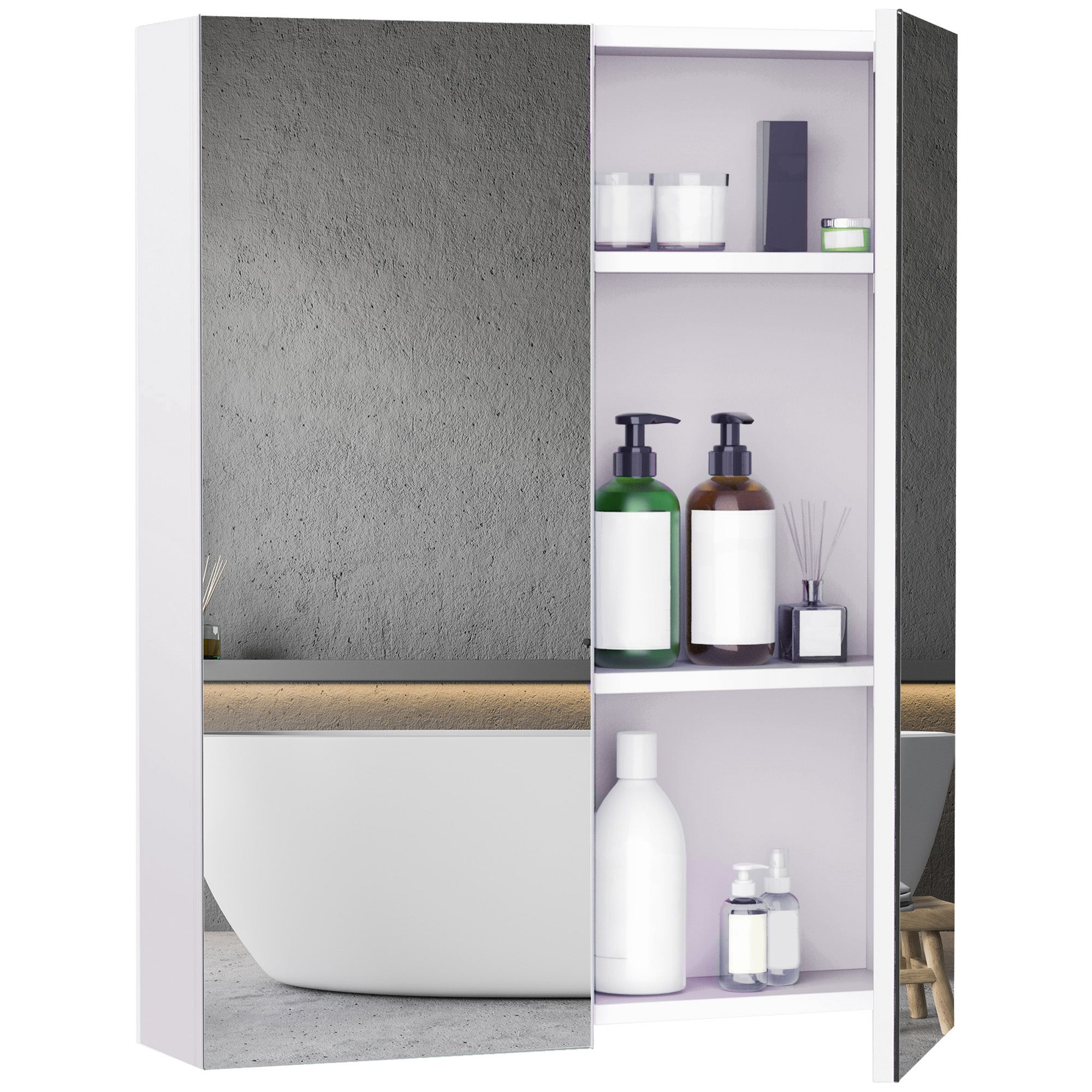 HOMCOM Mirror Cabinet, Wall Mount Bathroom Storage Cabinet with Adjustable Shelf, Double Door Cupboard, 60 x 15 x 75 cm, White