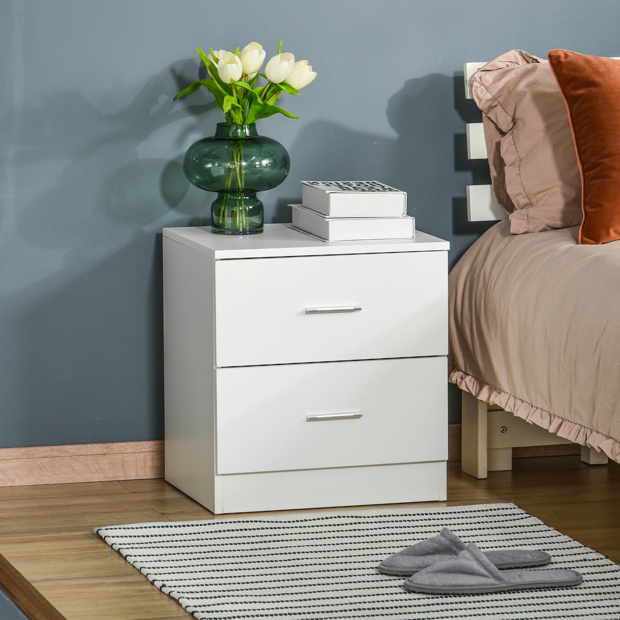 HOMCOM Bedside Table with 2 Drawers, Modern Nightstand, Cabinet Drawer Side Storage Unit for Bedroom, White