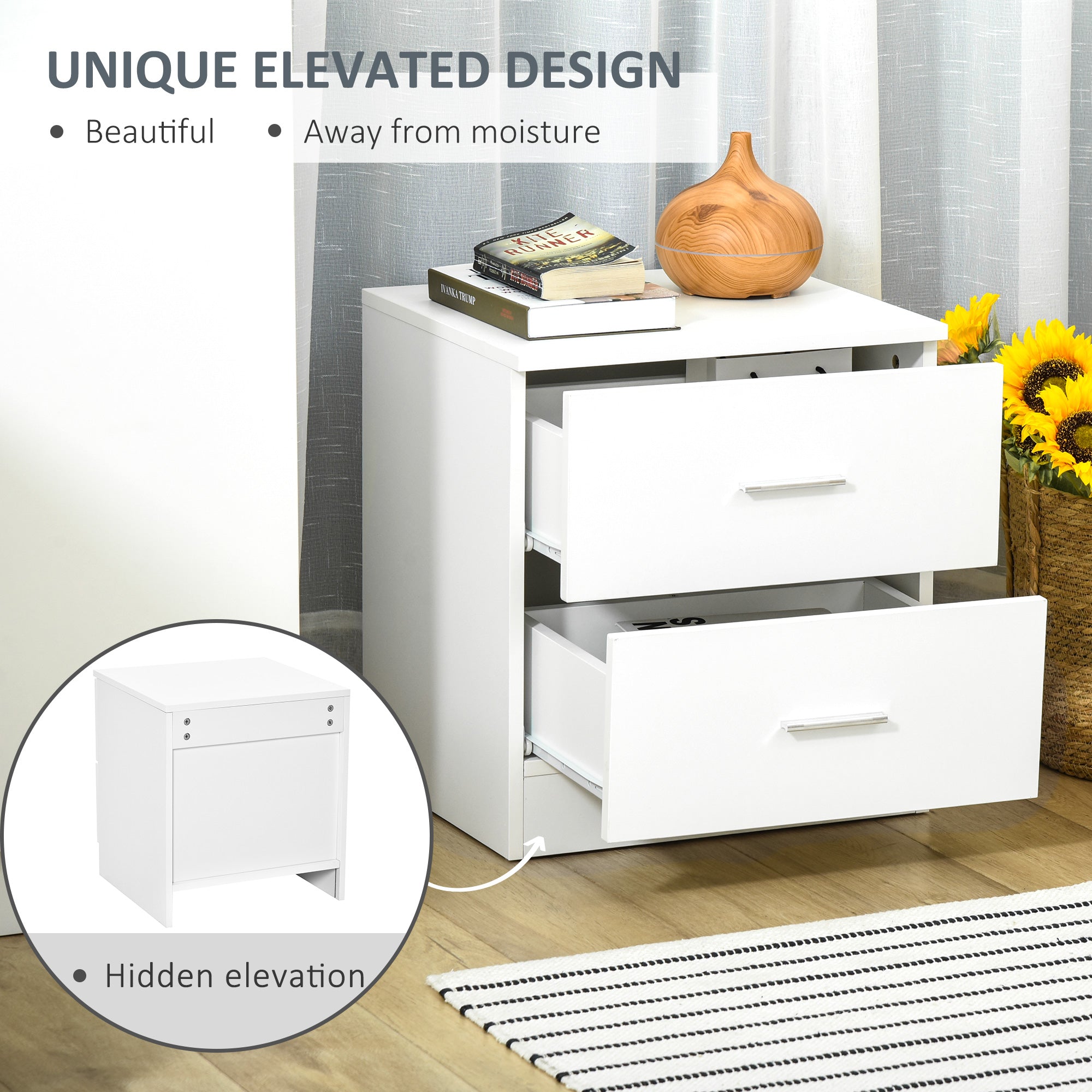 HOMCOM Bedside Table with 2 Drawers, Modern Nightstand, Cabinet Drawer Side Storage Unit for Bedroom, White