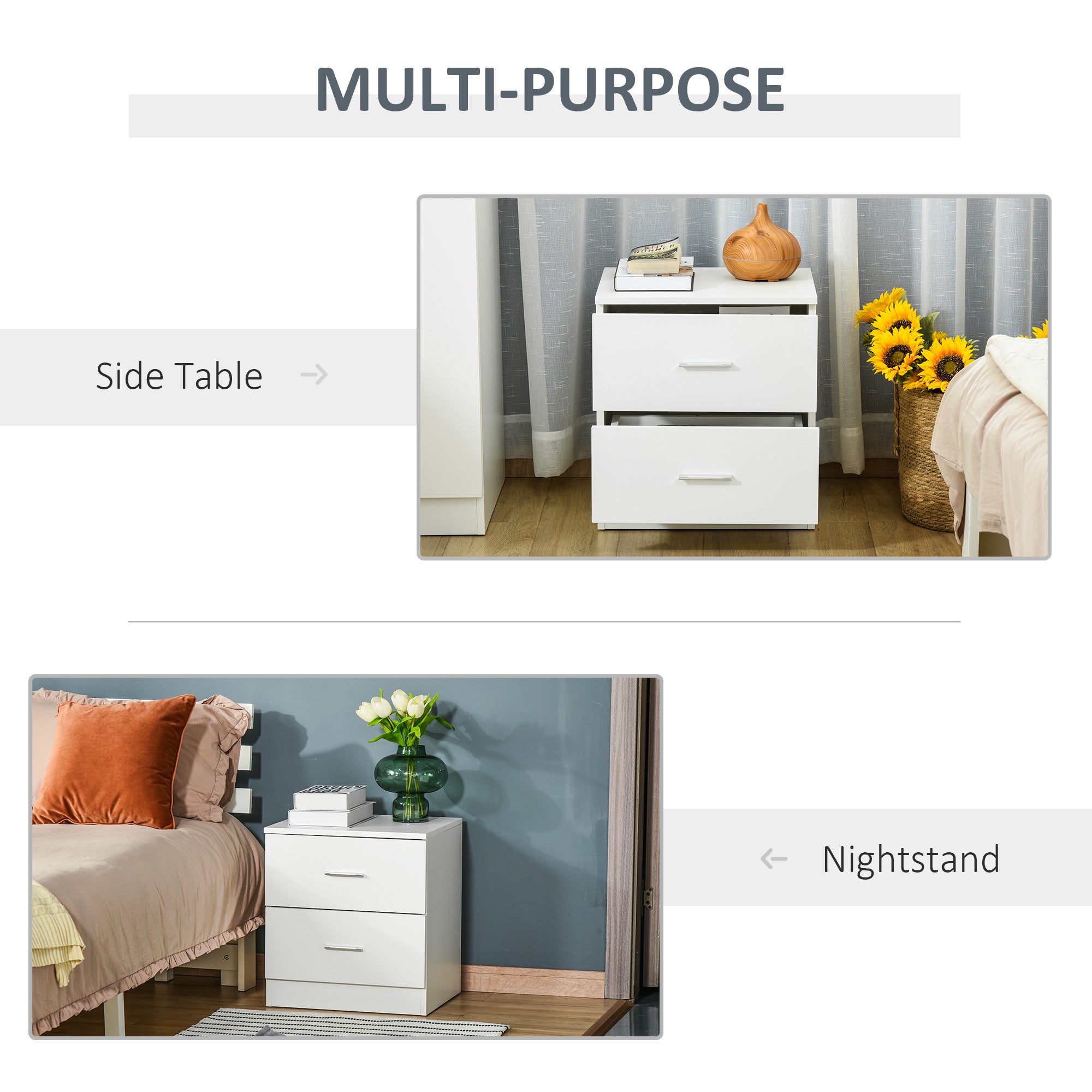 HOMCOM Bedside Table with 2 Drawers, Modern Nightstand, Cabinet Drawer Side Storage Unit for Bedroom, White