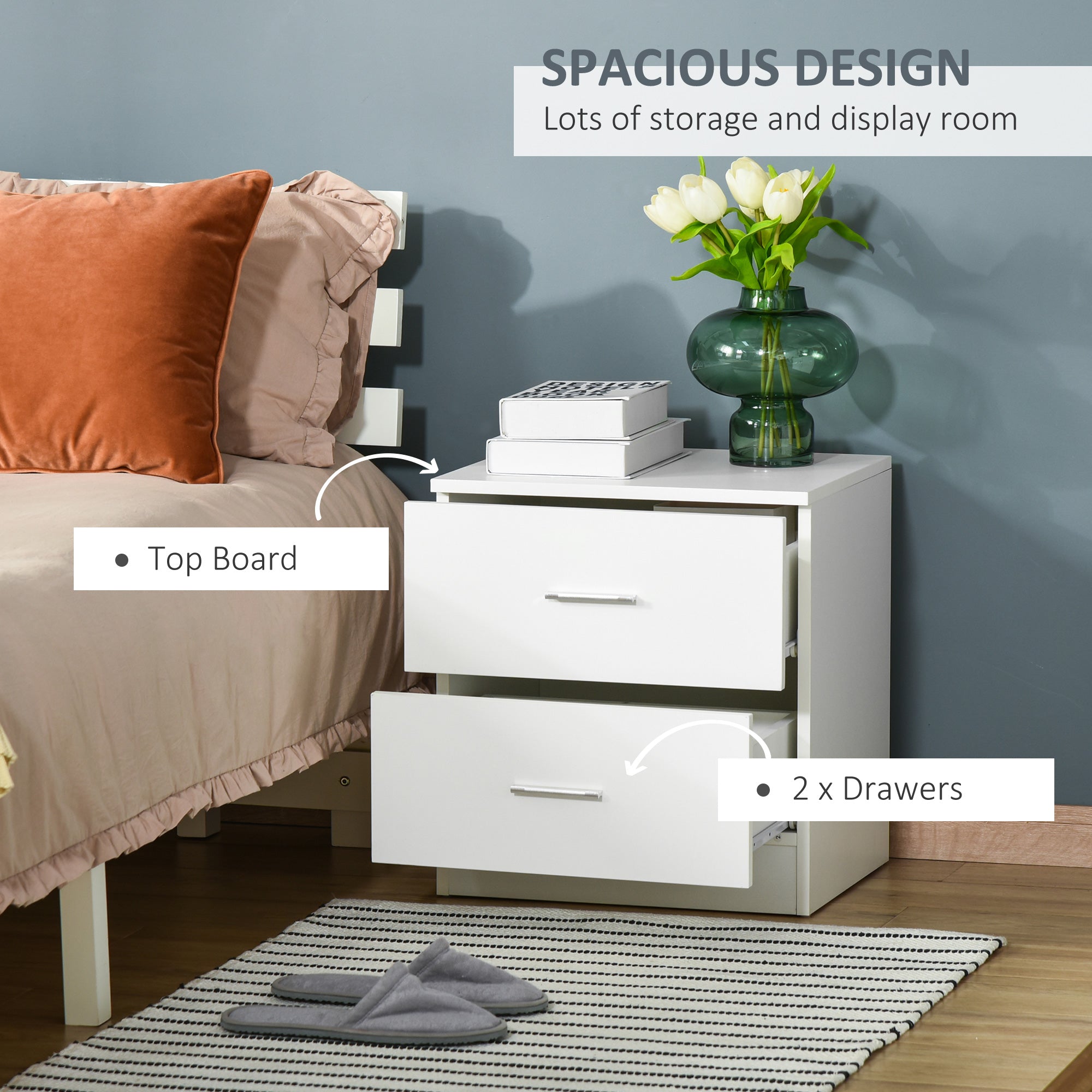 HOMCOM Bedside Table with 2 Drawers, Modern Nightstand, Cabinet Drawer Side Storage Unit for Bedroom, White