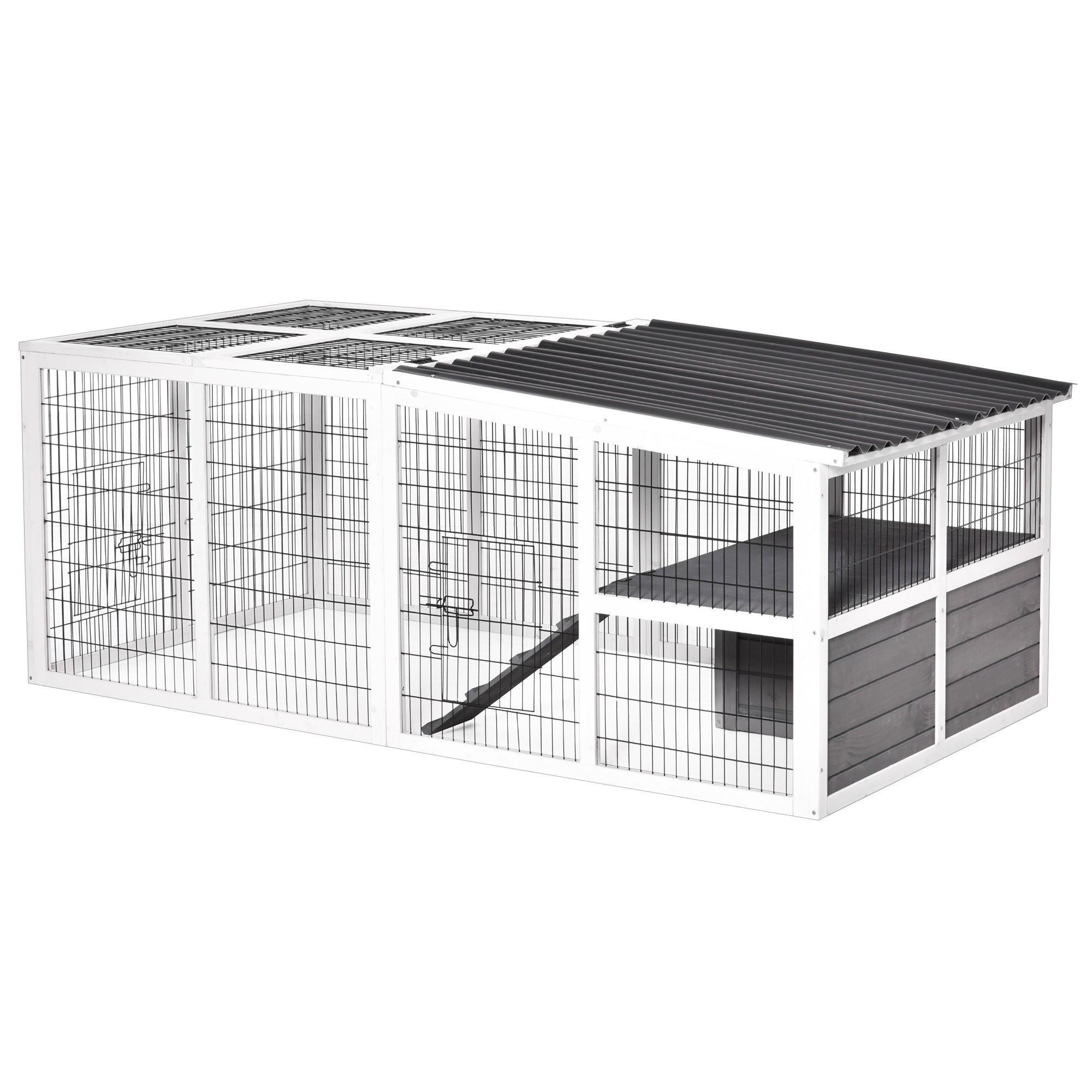 Pawhut Rabbit Hutch Duck Cage with Large Run Wooden Small Animal Cage Bunny House Tortoise Enclosure Indoor/Outdoor with Hinge roof and Water-Repellent Paint, Grey