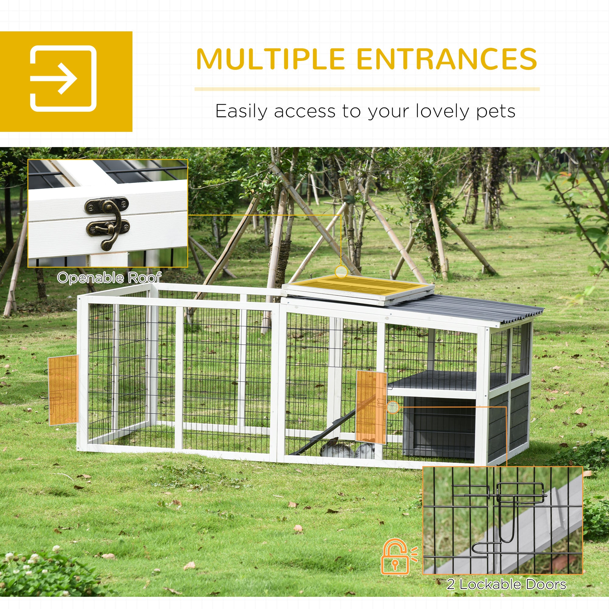 Pawhut Rabbit Hutch Duck Cage with Large Run Wooden Small Animal Cage Bunny House Tortoise Enclosure Indoor/Outdoor with Hinge roof and Water-Repellent Paint, Grey
