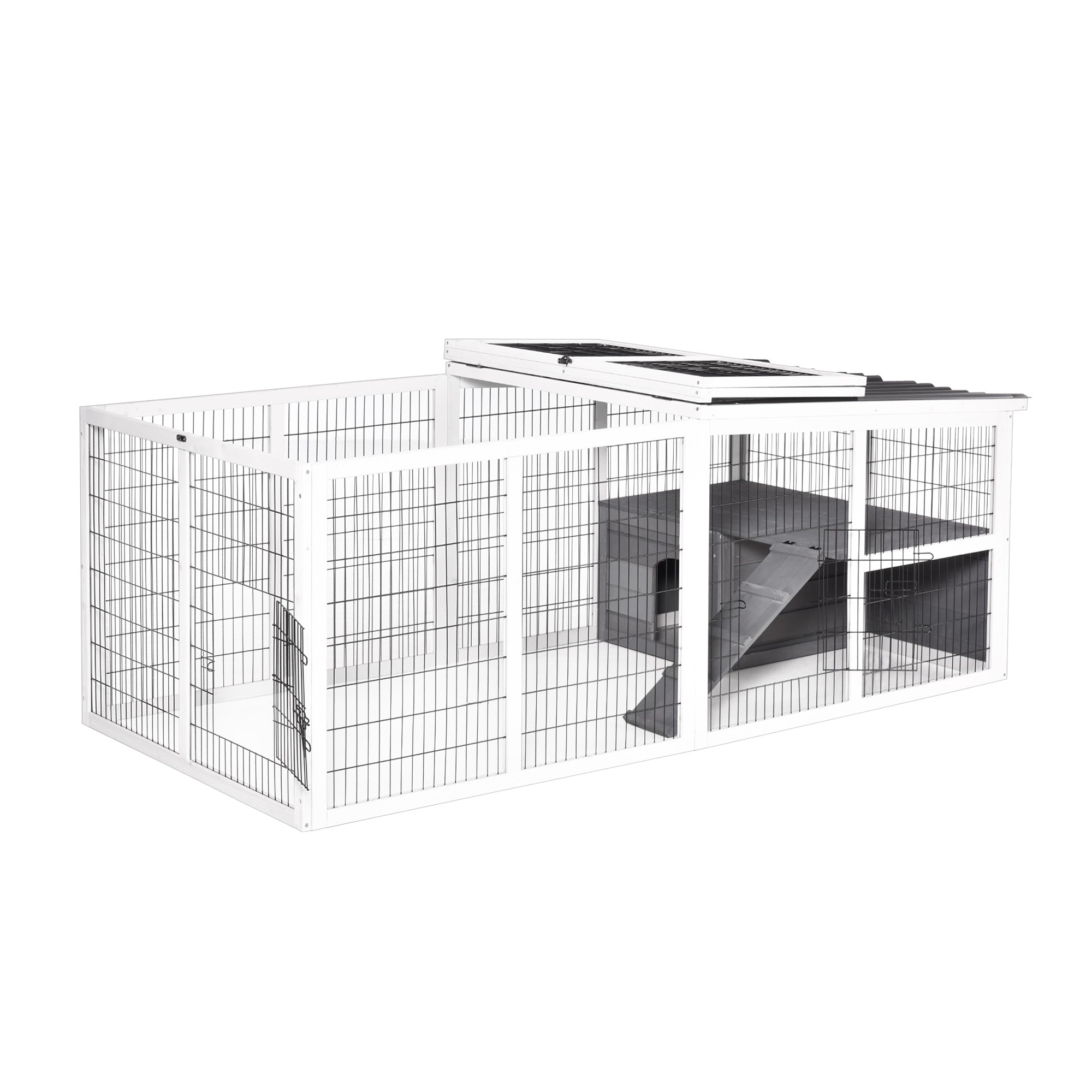 Pawhut Rabbit Hutch Duck Cage with Large Run Wooden Small Animal Cage Bunny House Tortoise Enclosure Indoor/Outdoor with Hinge roof and Water-Repellent Paint, Grey