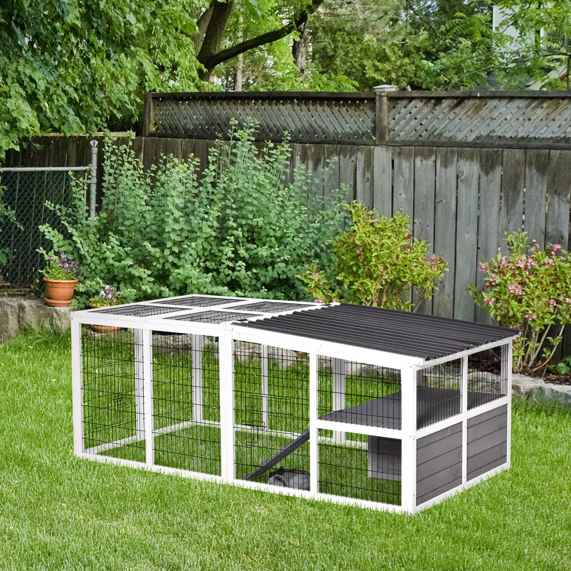 Pawhut Rabbit Hutch Duck Cage with Large Run Wooden Small Animal Cage Bunny House Tortoise Enclosure Indoor/Outdoor with Hinge roof and Water-Repellent Paint, Grey