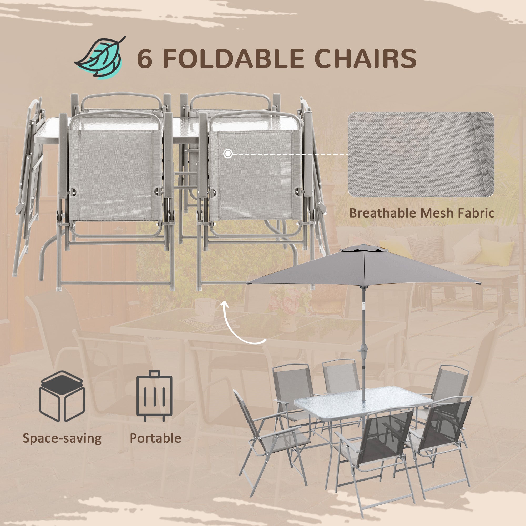 Outsunny 8 Piece Patio Dining Set for 6 with Umbrella, Outdoor Table and Chairs with 6 Folding Chairs with Mesh Seat and Rectangle Dining Table with Umbrella Hole, Grey