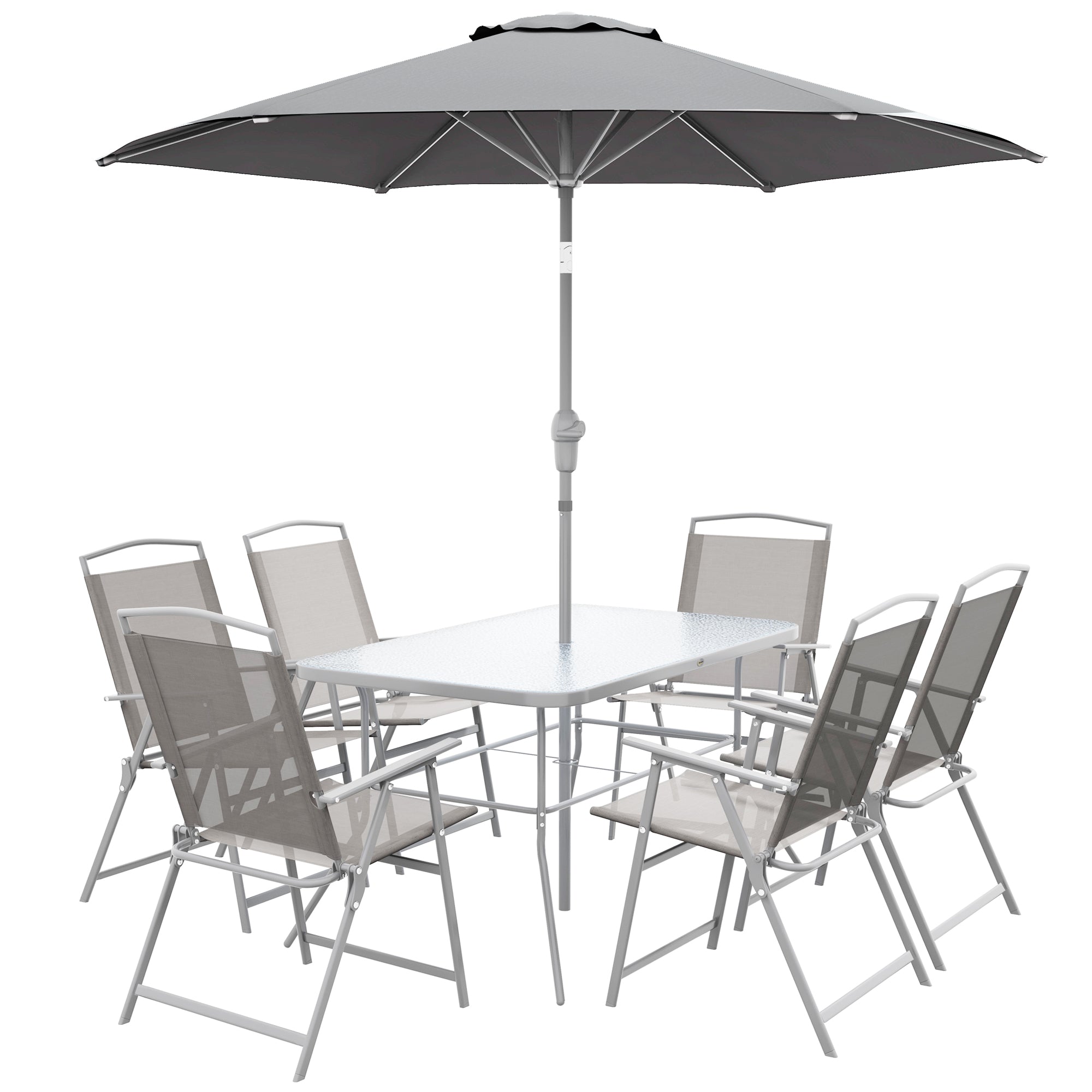 Outsunny 8 Piece Patio Dining Set for 6 with Umbrella, Outdoor Table and Chairs with 6 Folding Chairs with Mesh Seat and Rectangle Dining Table with Umbrella Hole, Grey