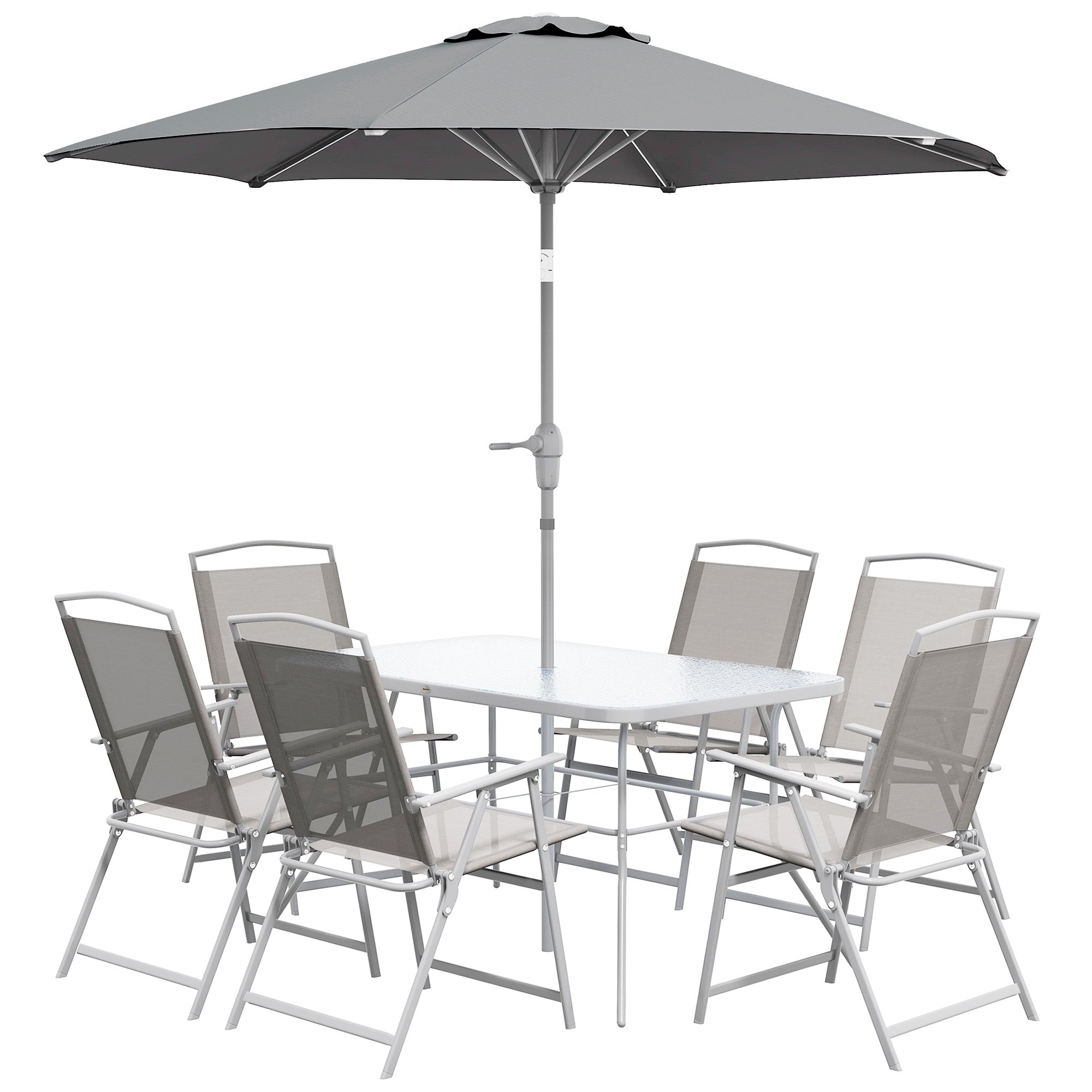 Outsunny 8 Piece Patio Dining Set for 6 with Umbrella, Outdoor Table and Chairs with 6 Folding Chairs with Mesh Seat and Rectangle Dining Table with Umbrella Hole, Grey