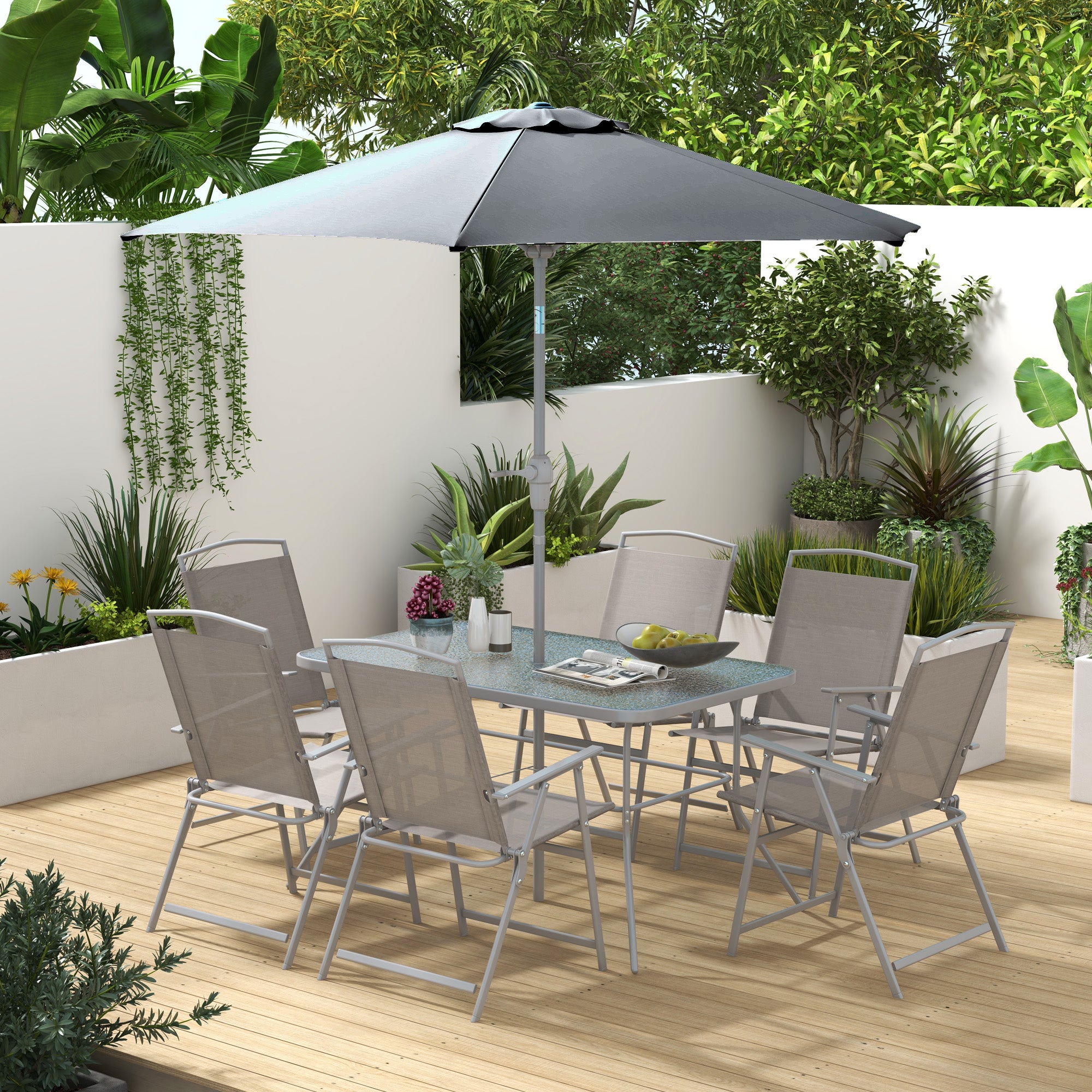 Outsunny 8 Piece Patio Dining Set for 6 with Umbrella, Outdoor Table and Chairs with 6 Folding Chairs with Mesh Seat and Rectangle Dining Table with Umbrella Hole, Grey