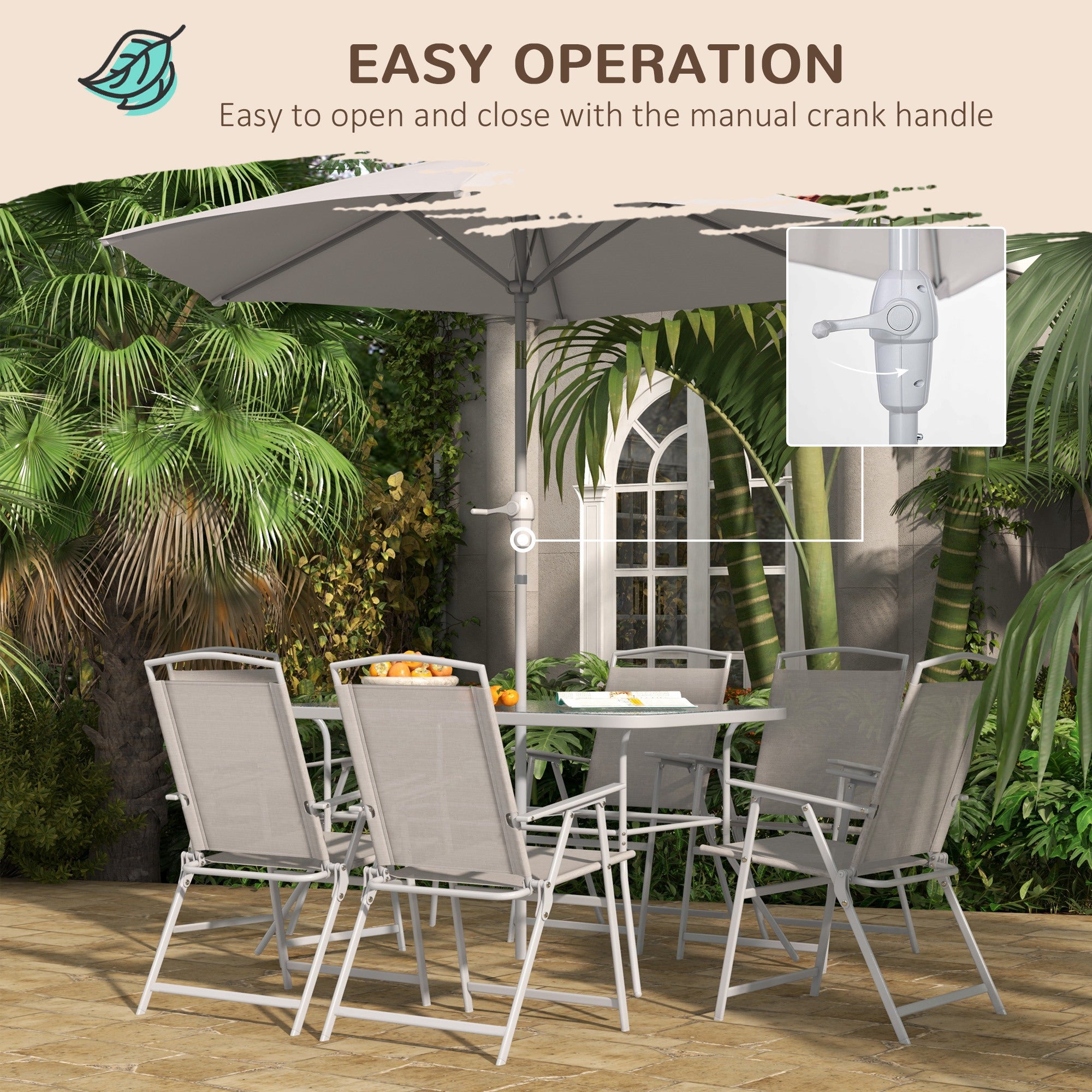 Outsunny 8 Piece Patio Dining Set for 6 with Umbrella, Outdoor Table and Chairs with 6 Folding Chairs with Mesh Seat and Rectangle Dining Table with Umbrella Hole, Grey