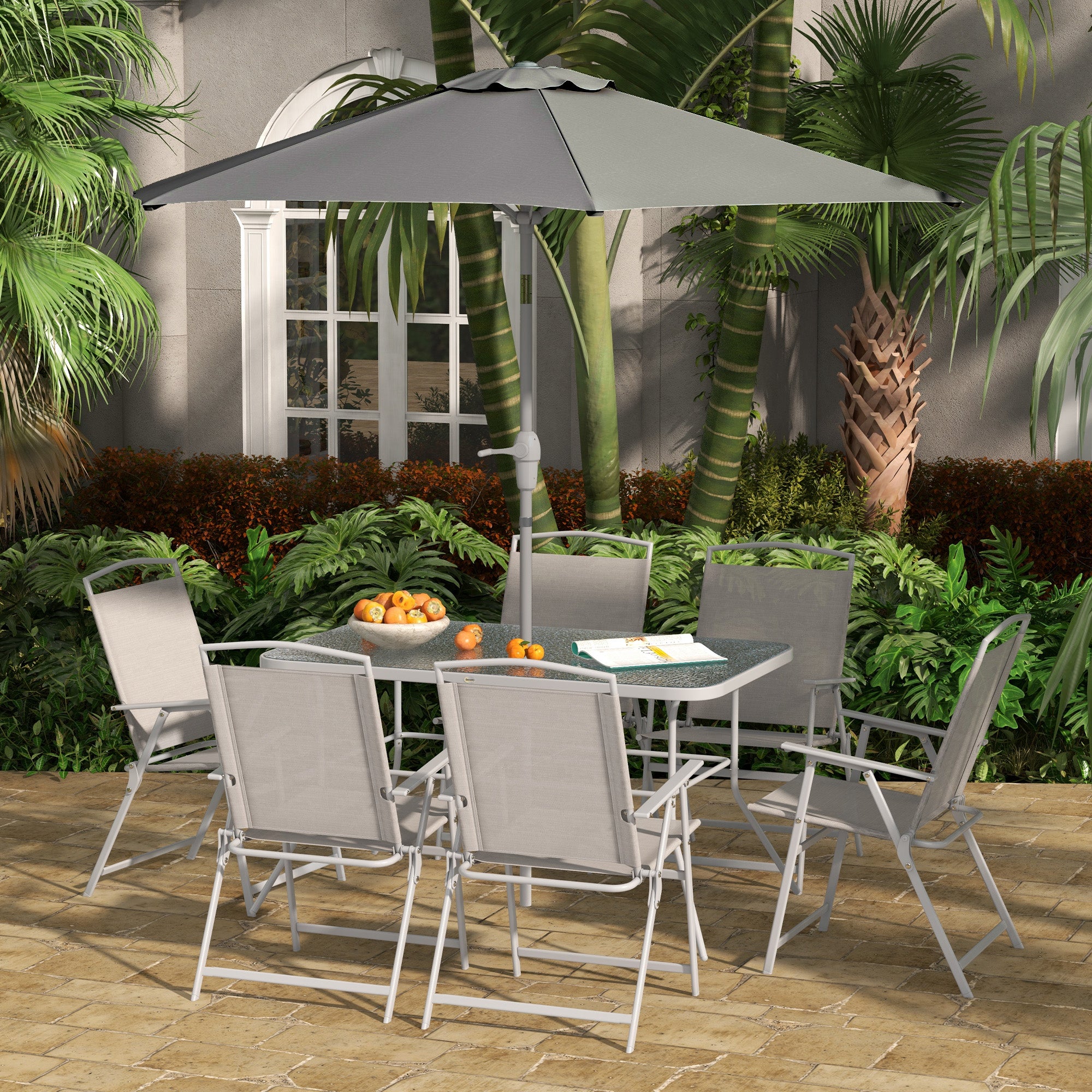 Outsunny 8 Piece Patio Dining Set for 6 with Umbrella, Outdoor Table and Chairs with 6 Folding Chairs with Mesh Seat and Rectangle Dining Table with Umbrella Hole, Grey