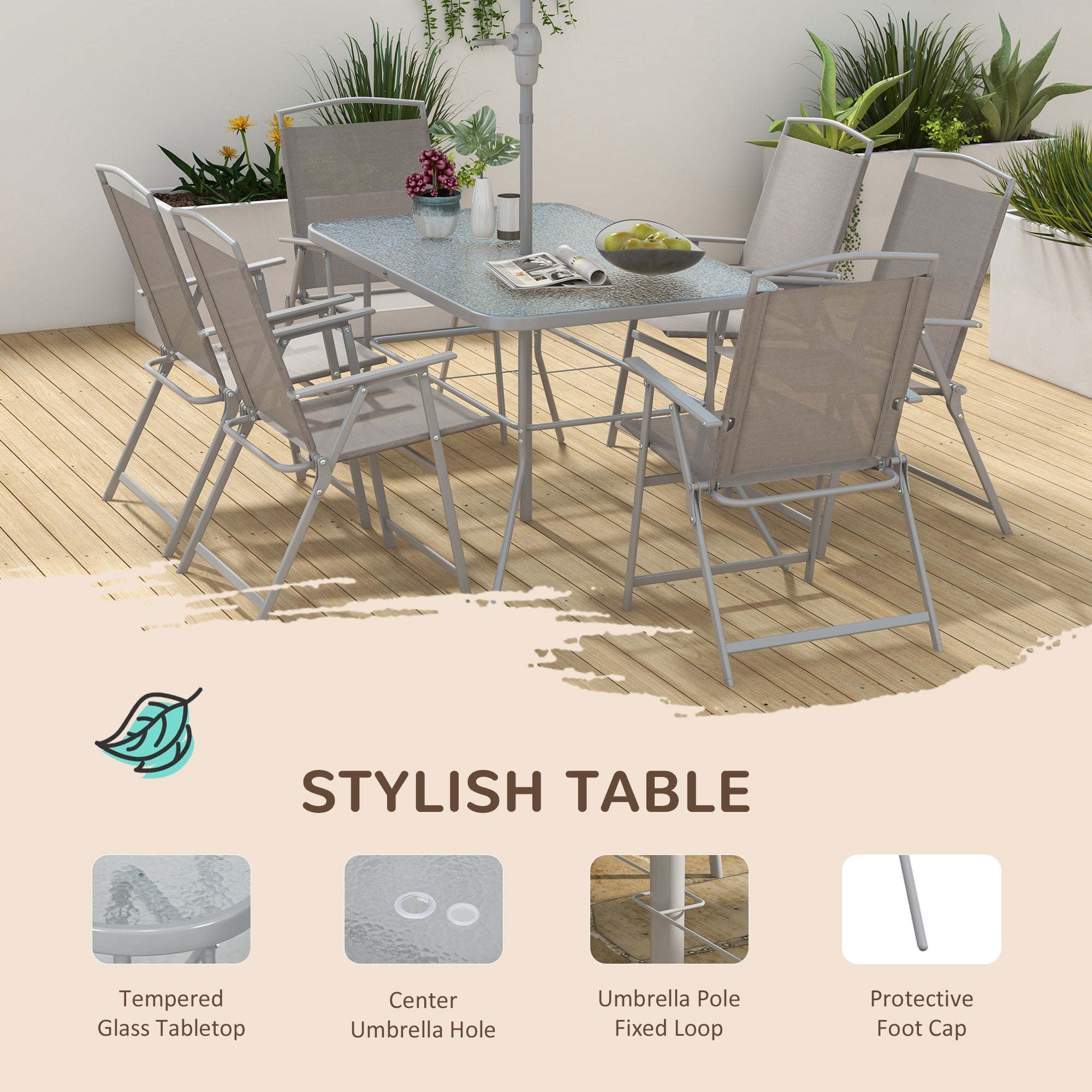 Outsunny 8 Piece Patio Dining Set for 6 with Umbrella, Outdoor Table and Chairs with 6 Folding Chairs with Mesh Seat and Rectangle Dining Table with Umbrella Hole, Grey
