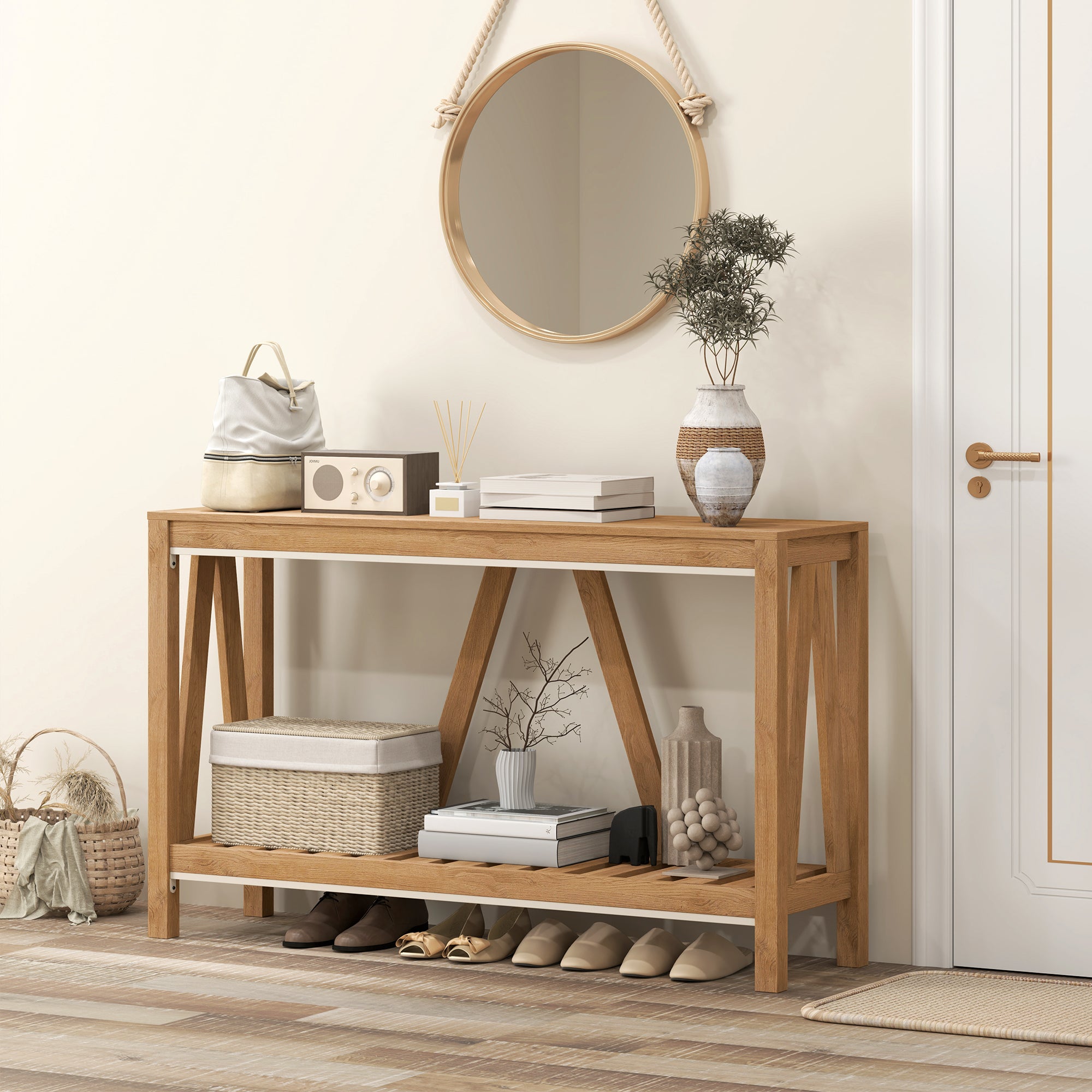 HOMCOM Console Table, Farmhouse Entryway Table with Storage Shelf, Rustic Sofa Table with Anti-tipper for Living Room and Entryway, Brown
