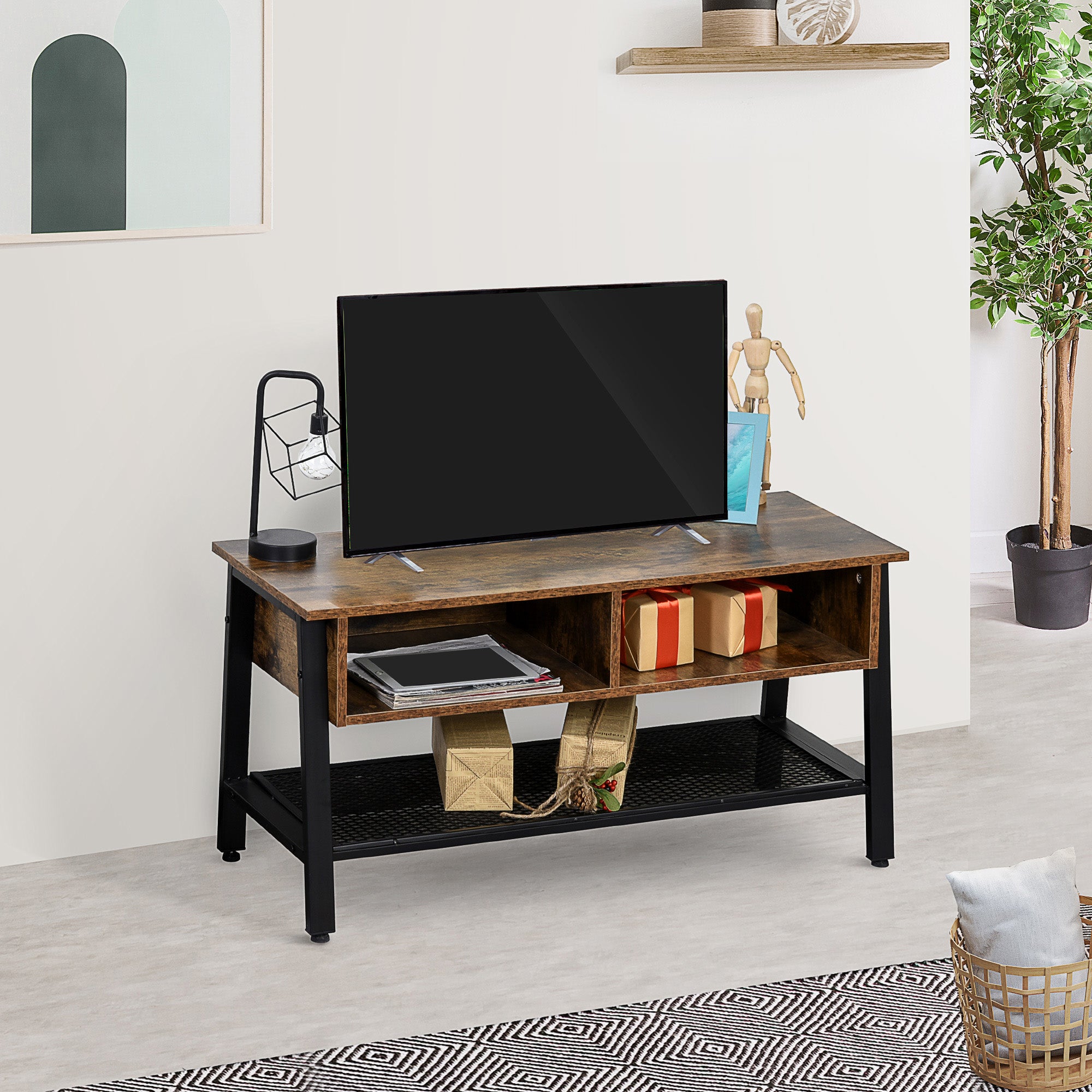 HOMCOM Industrial TV Stand, TV Console Table for TV up to 45'' Flat Screen, Entertainment Center for Living Room, Bedroom, Rustic Brown