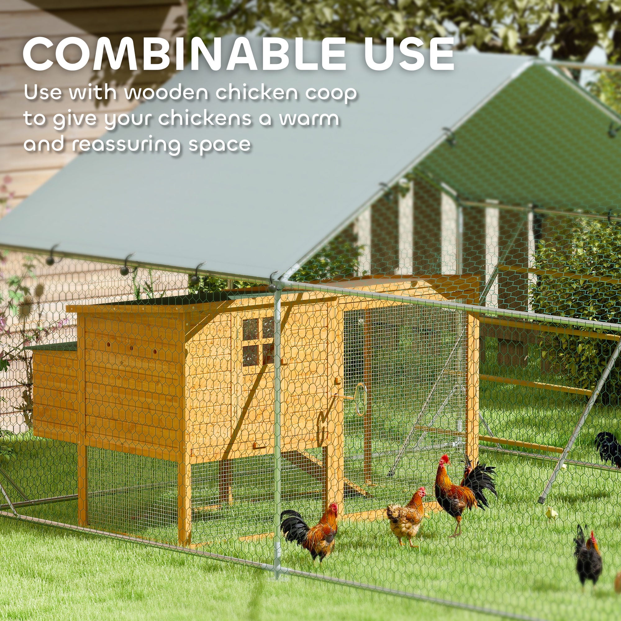 PawHut Chicken Run, Large Metal Chicken Coop with Waterproof & UV-Resistant Cover, Feeding Door, Hanging Feeder, Perch, Poultry Cage for Outdoor, Backyard, Farm, for 12-18 Chickens