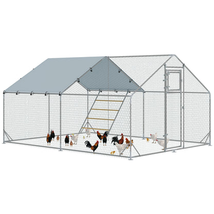 PawHut Chicken Run, Large Metal Chicken Coop with Waterproof & UV-Resistant Cover, Feeding Door, Hanging Feeder, Perch, Poultry Cage for Outdoor, Backyard, Farm, for 12-18 Chickens