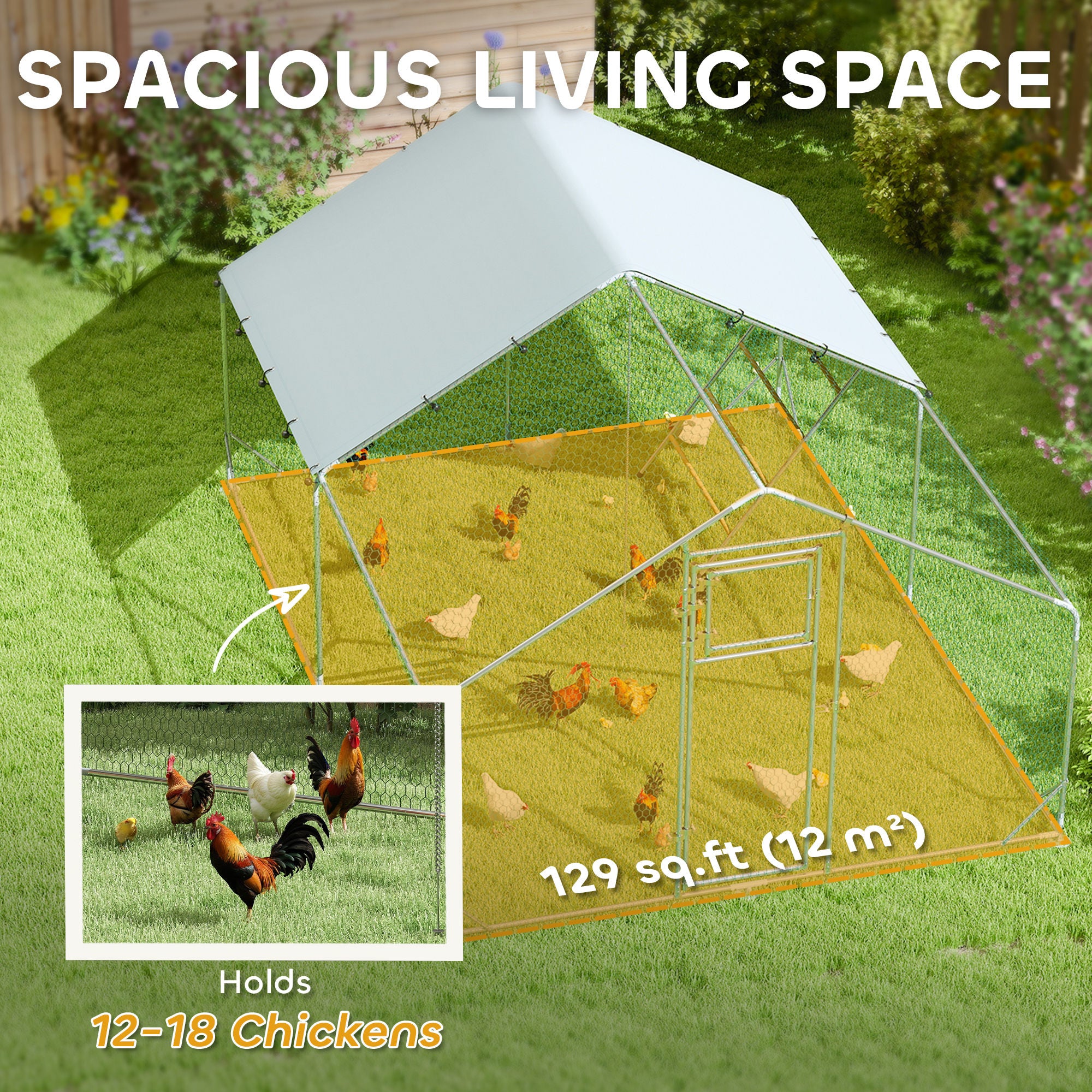 PawHut Chicken Run, Large Metal Chicken Coop with Waterproof & UV-Resistant Cover, Feeding Door, Hanging Feeder, Perch, Poultry Cage for Outdoor, Backyard, Farm, for 12-18 Chickens