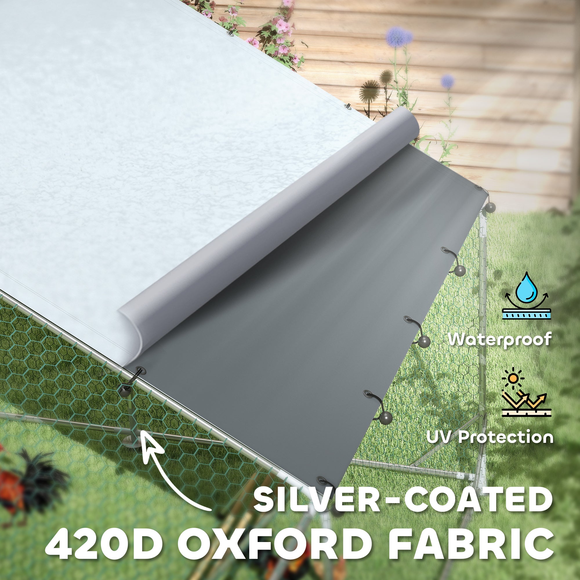 PawHut Chicken Run, Large Metal Chicken Coop with Waterproof & UV-Resistant Cover, Feeding Door, Hanging Feeder, Perch, Poultry Cage for Outdoor, Backyard, Farm, for 12-18 Chickens