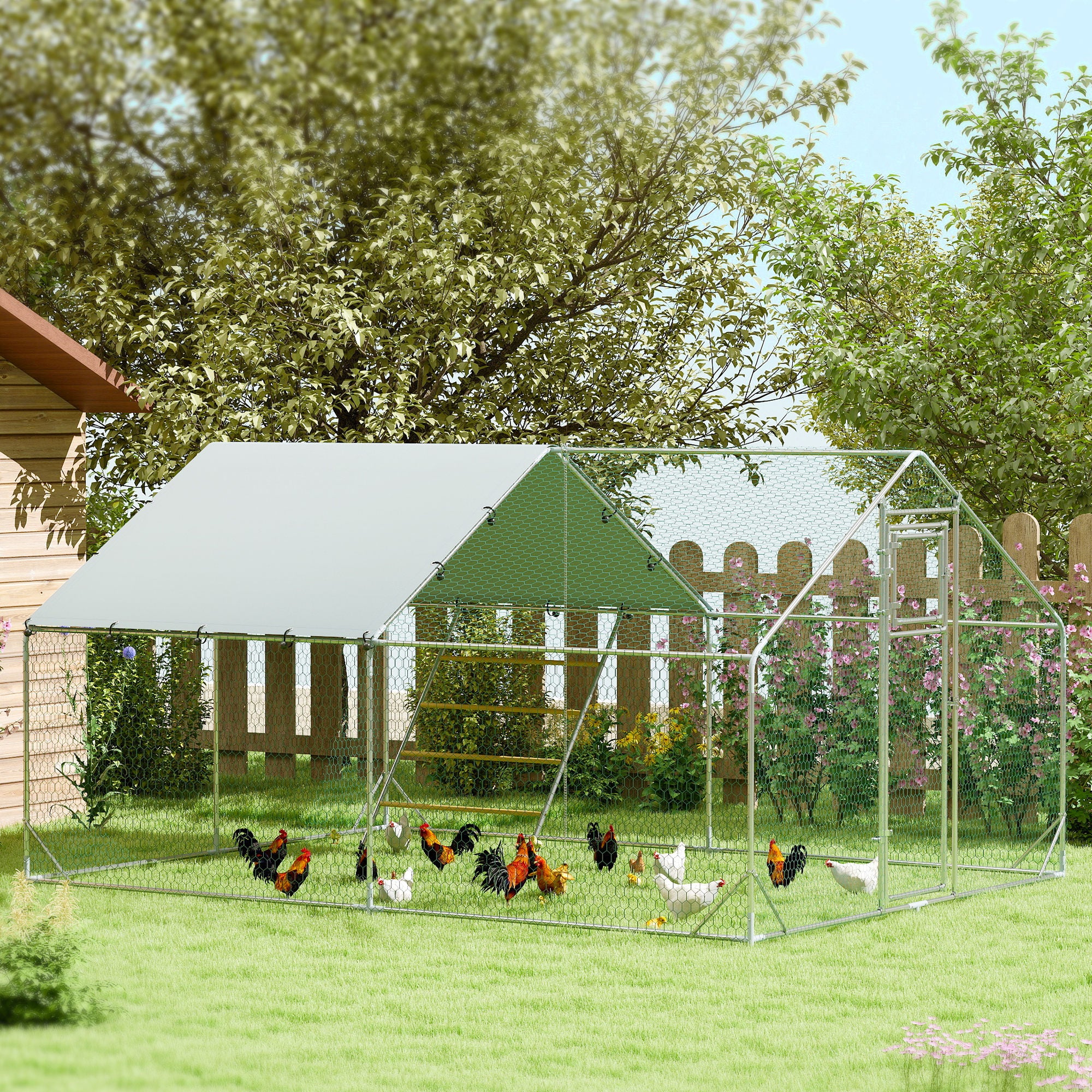 PawHut Chicken Run, Large Metal Chicken Coop with Waterproof & UV-Resistant Cover, Feeding Door, Hanging Feeder, Perch, Poultry Cage for Outdoor, Backyard, Farm, for 12-18 Chickens