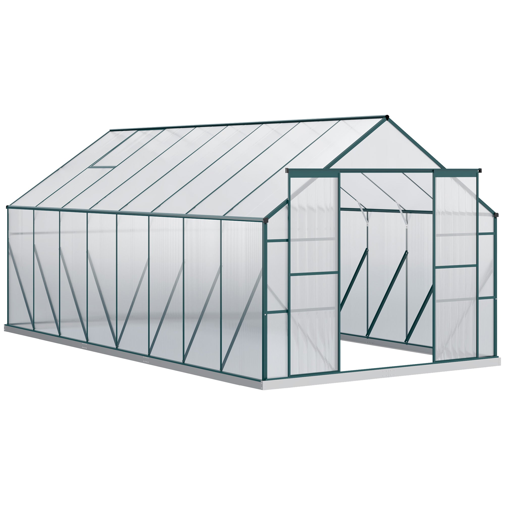 Outsunny 16' x 8' Aluminum Polycarbonate Greenhouse Walk-in Garden Greenhouse Kit with Adjustable Roof Vent, Rain Gutter and Sliding Door for Winter, Green