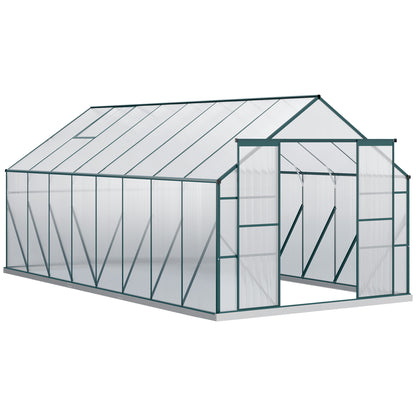 Outsunny 16' x 8' Aluminum Polycarbonate Greenhouse Walk-in Garden Greenhouse Kit with Adjustable Roof Vent, Rain Gutter and Sliding Door for Winter, Green
