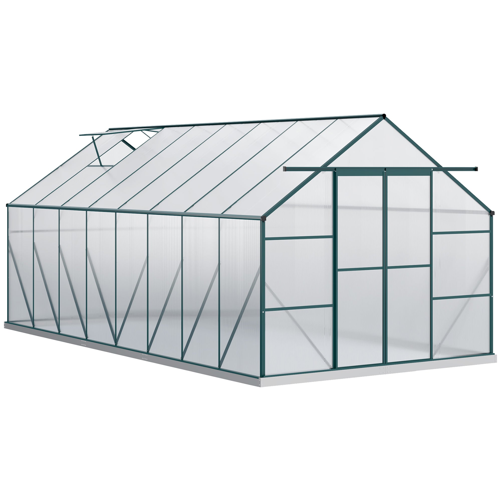 Outsunny 16' x 8' Aluminum Polycarbonate Greenhouse Walk-in Garden Greenhouse Kit with Adjustable Roof Vent, Rain Gutter and Sliding Door for Winter, Green