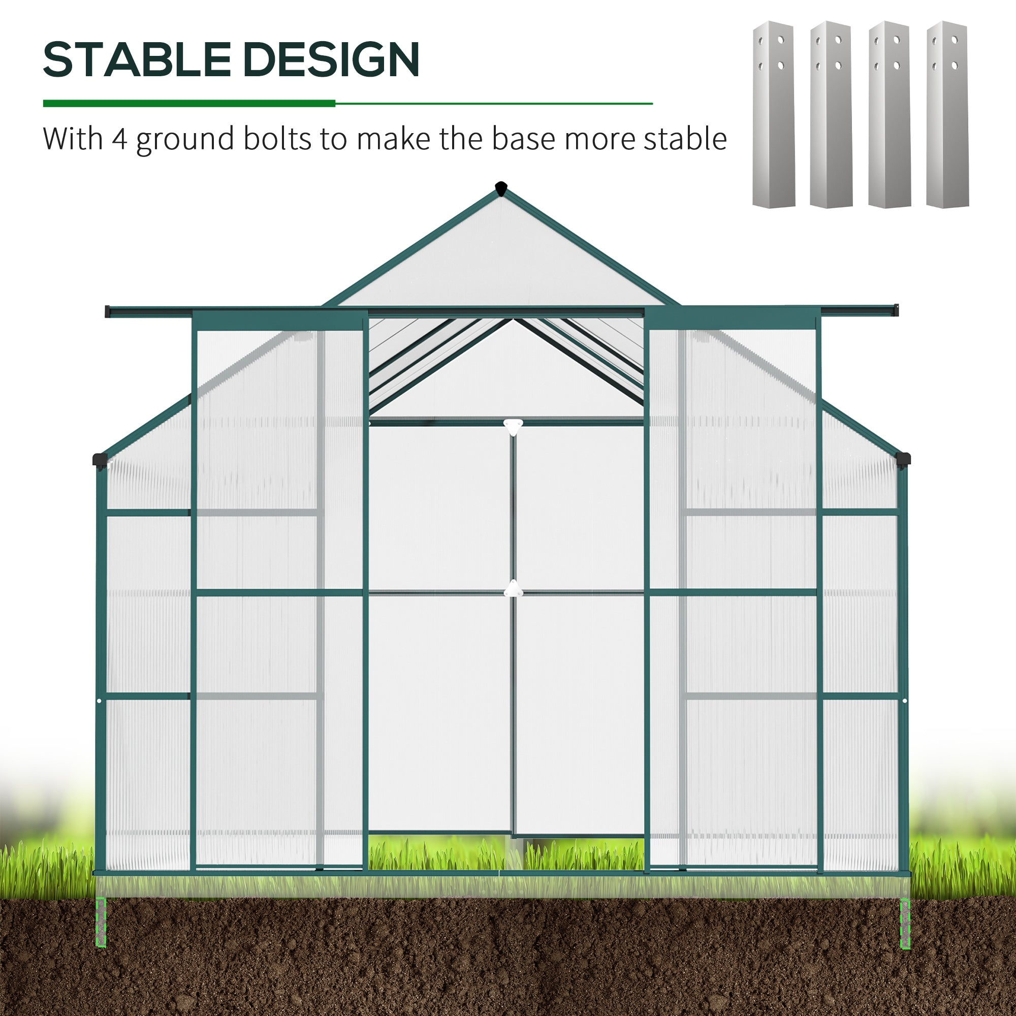 Outsunny 16' x 8' Aluminum Polycarbonate Greenhouse Walk-in Garden Greenhouse Kit with Adjustable Roof Vent, Rain Gutter and Sliding Door for Winter, Green