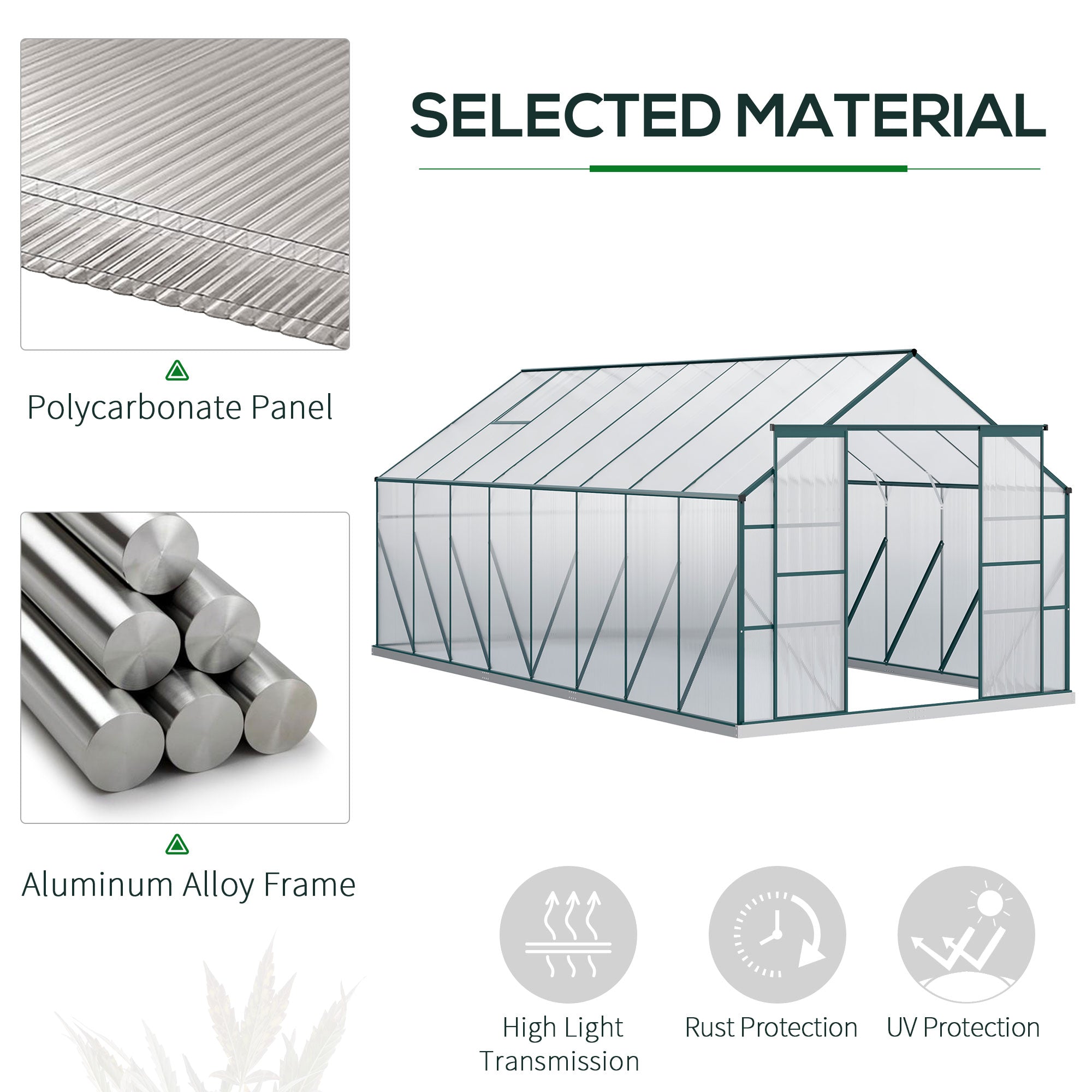 Outsunny 16' x 8' Aluminum Polycarbonate Greenhouse Walk-in Garden Greenhouse Kit with Adjustable Roof Vent, Rain Gutter and Sliding Door for Winter, Green