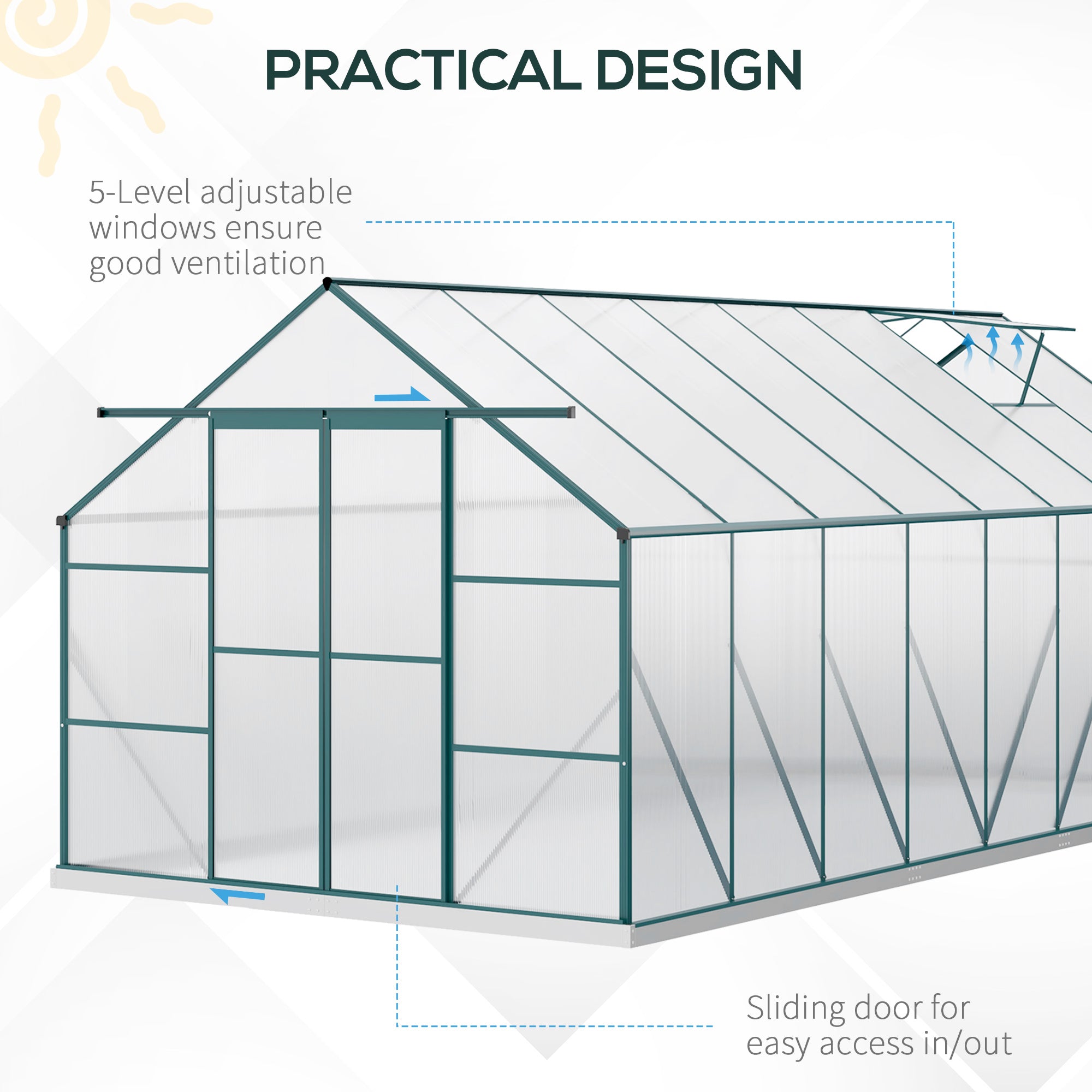Outsunny 16' x 8' Aluminum Polycarbonate Greenhouse Walk-in Garden Greenhouse Kit with Adjustable Roof Vent, Rain Gutter and Sliding Door for Winter, Green