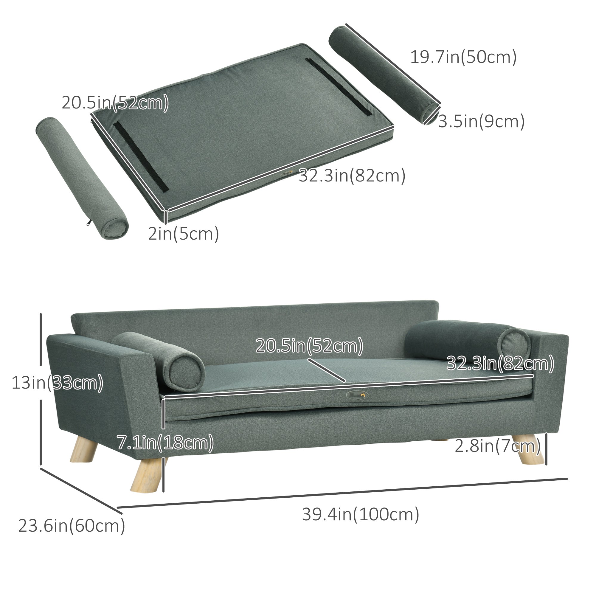 PawHut Dog Sofa Bed with Removable Pillows, Foam Pet Sofa Cat Sofa with Removable Washable Cushion, Water-resistant Fabric, for Medium and Large Dogs, Grey