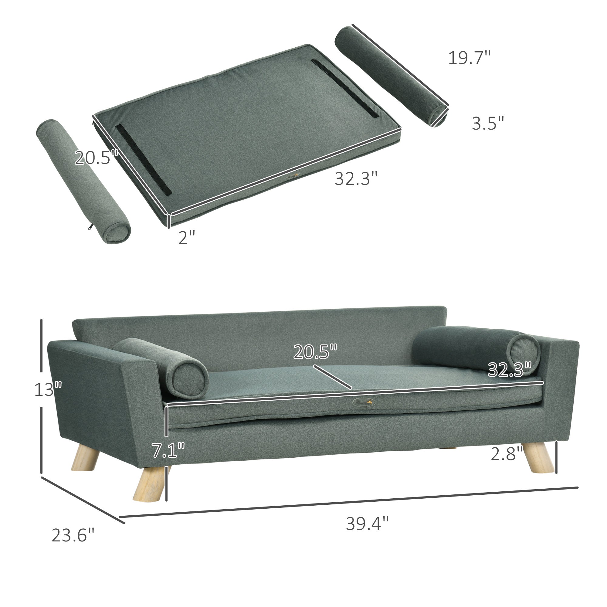 PawHut 39" Dog Couch with Removable Pillows, Foam Pet Sofa, Cat Sofa with Removable Washable Cushion & Water-Resistant Fabric, Dog Sofa for Medium and Large Dogs, Gray