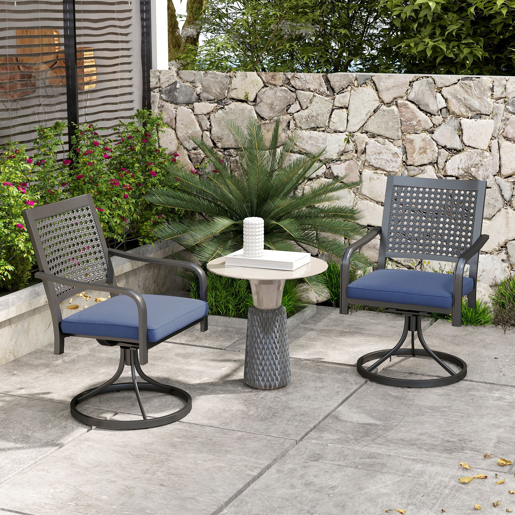 Outsunny 2 Pieces Patio Swivel Chairs with Cushion, Outdoor Swivel Rocker with Curved Armrests, Backrest, for Garden, Balcony, Porch, Supports Up to 264 lbs, Navy Blue