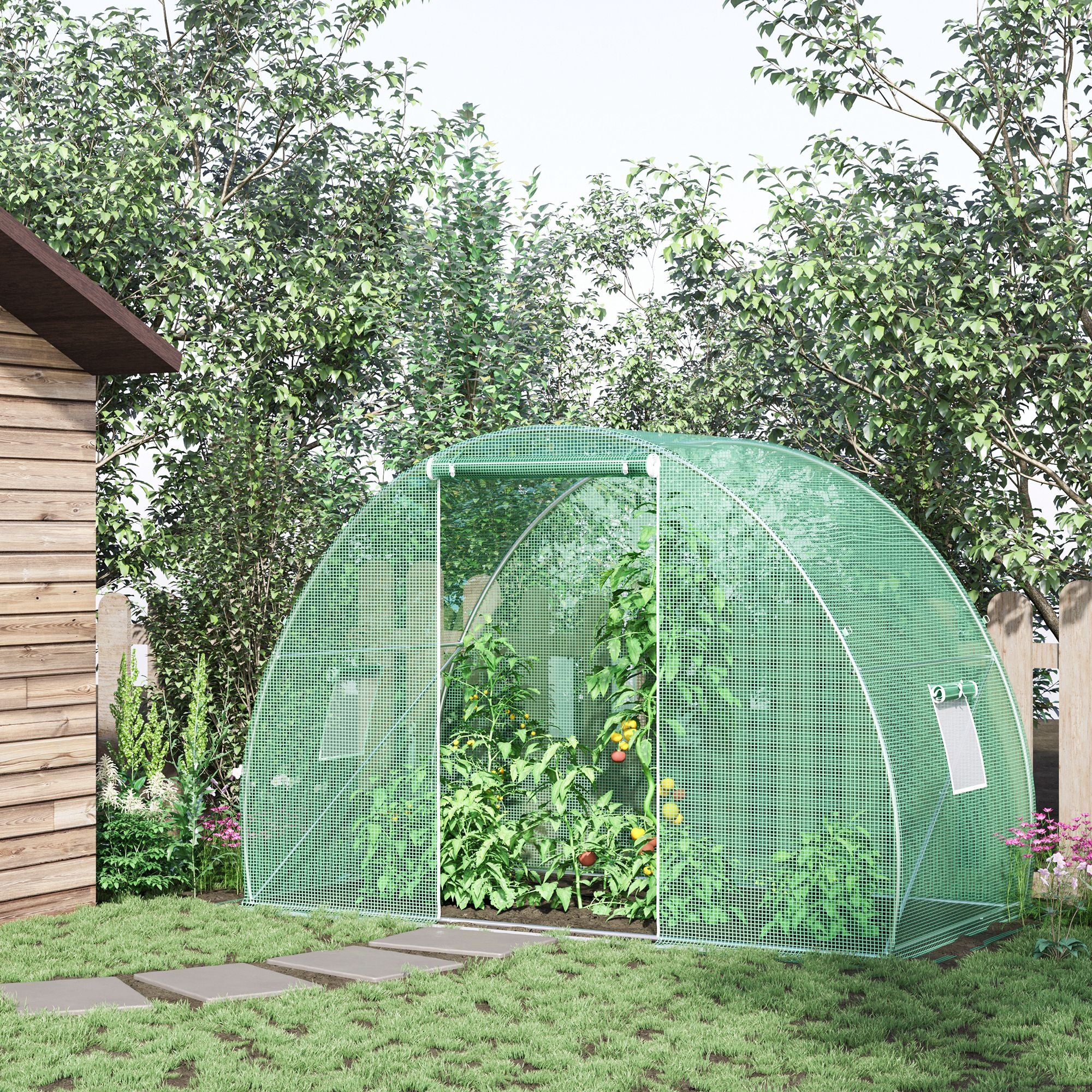 Outsunny 5'x10'x7' Tunnel Greenhouse Outdoor Walk-In Hot House with Roll-up Windows and Zippered Door, Steel Frame, PE Cover, Green