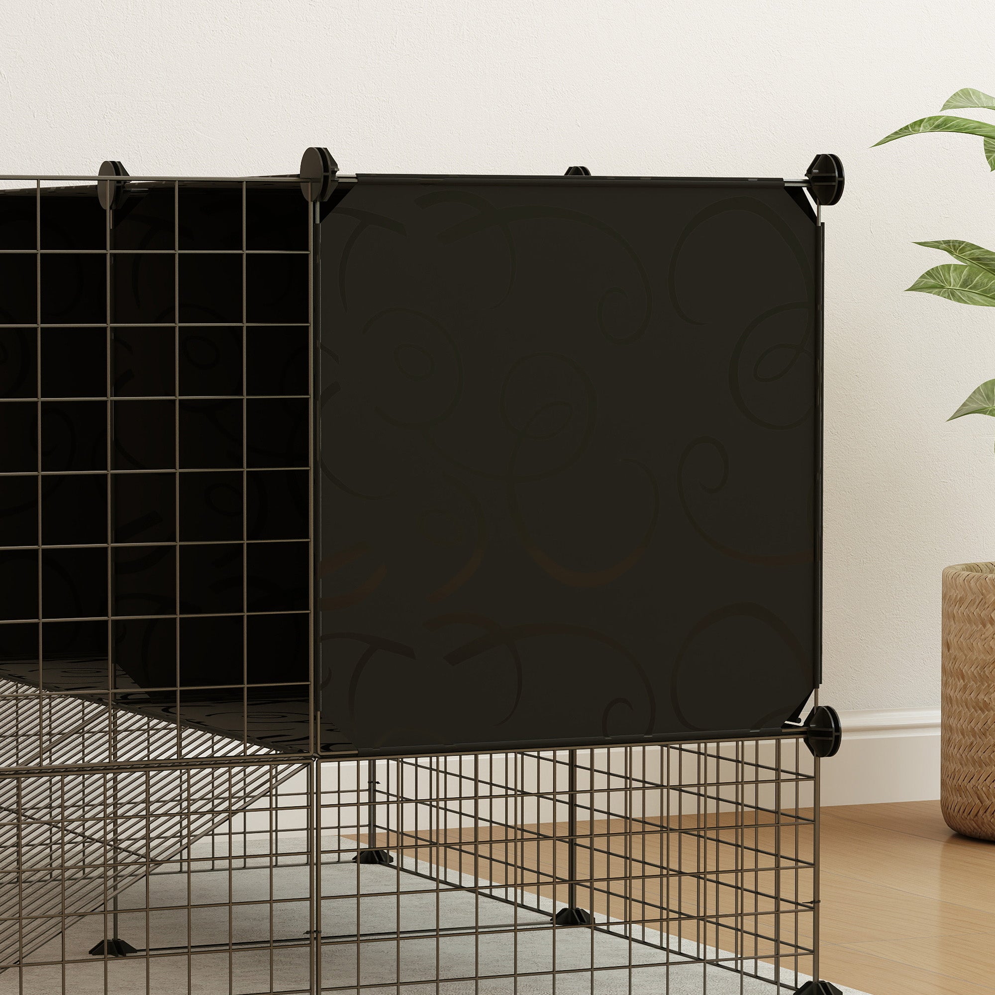 PawHut Rabbit Run, Pet Playpen, Small Animal Cage Enclosure, C&C Cage with Elevated Huts for Guinea Pigs, Hedgehogs, for Indoor Use, 31 Panels, Black