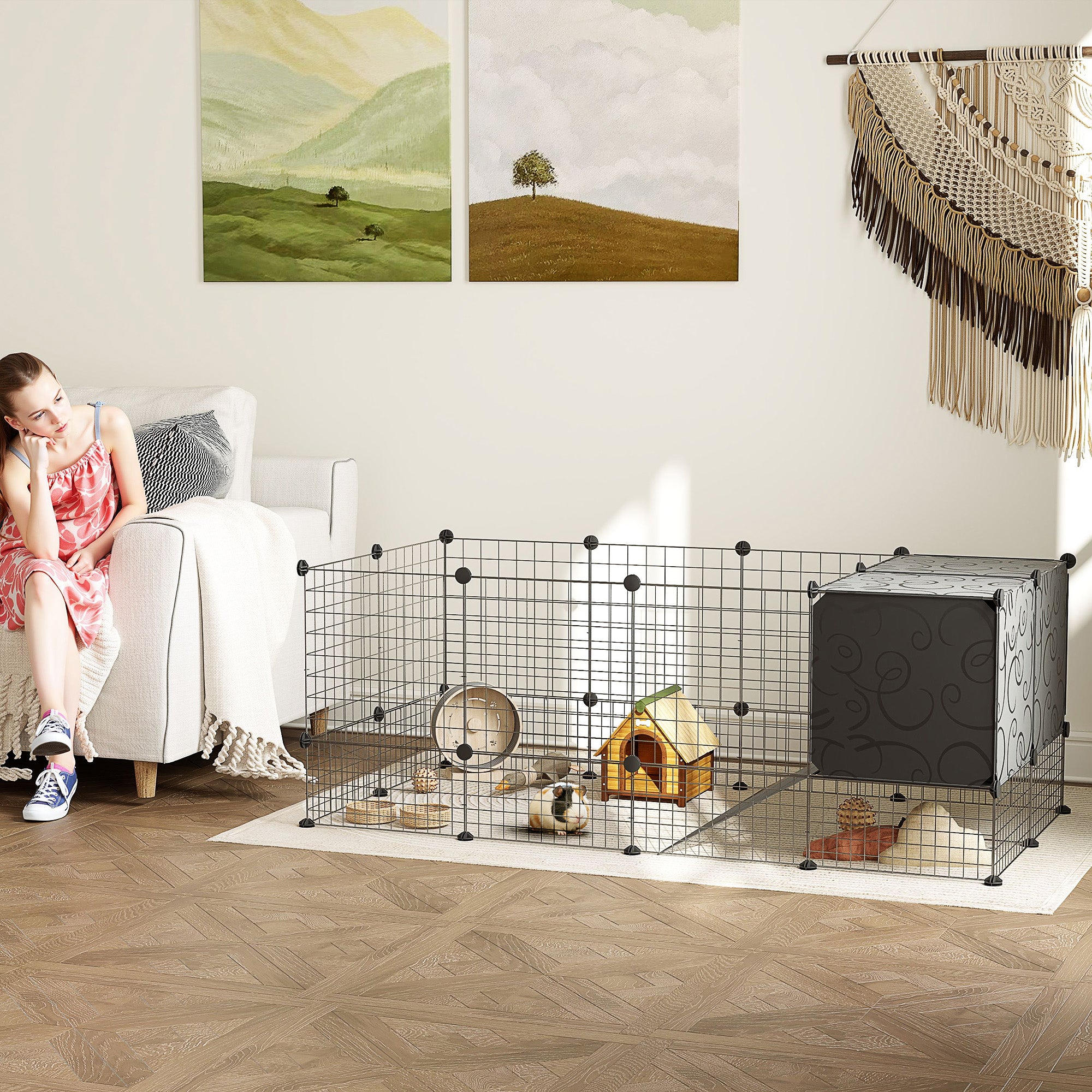 PawHut Rabbit Run, Pet Playpen, Small Animal Cage Enclosure, C&C Cage with Elevated Huts for Guinea Pigs, Hedgehogs, for Indoor Use, 31 Panels, Black