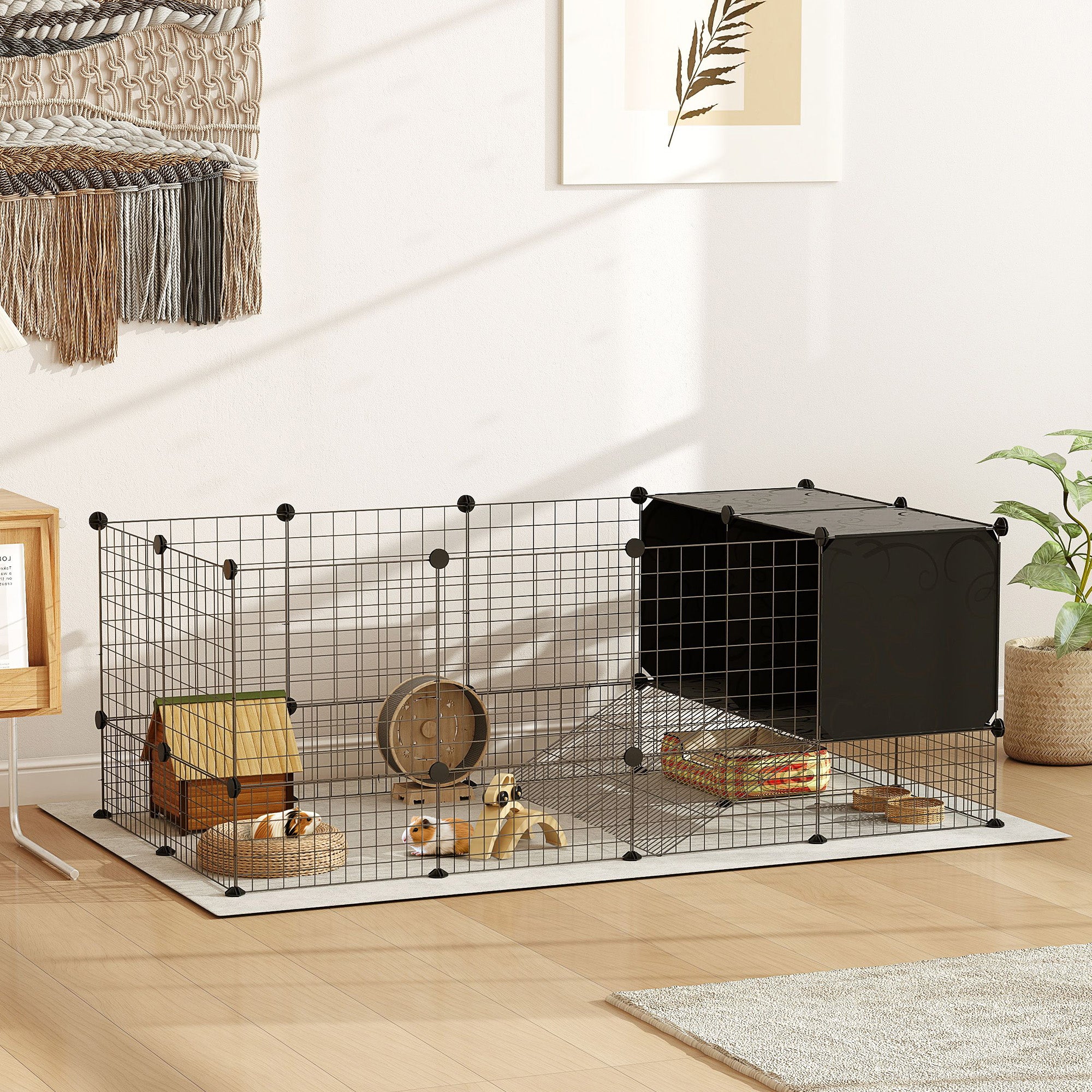 PawHut Rabbit Run, Pet Playpen, Small Animal Cage Enclosure, C&C Cage with Elevated Huts for Guinea Pigs, Hedgehogs, for Indoor Use, 31 Panels, Black