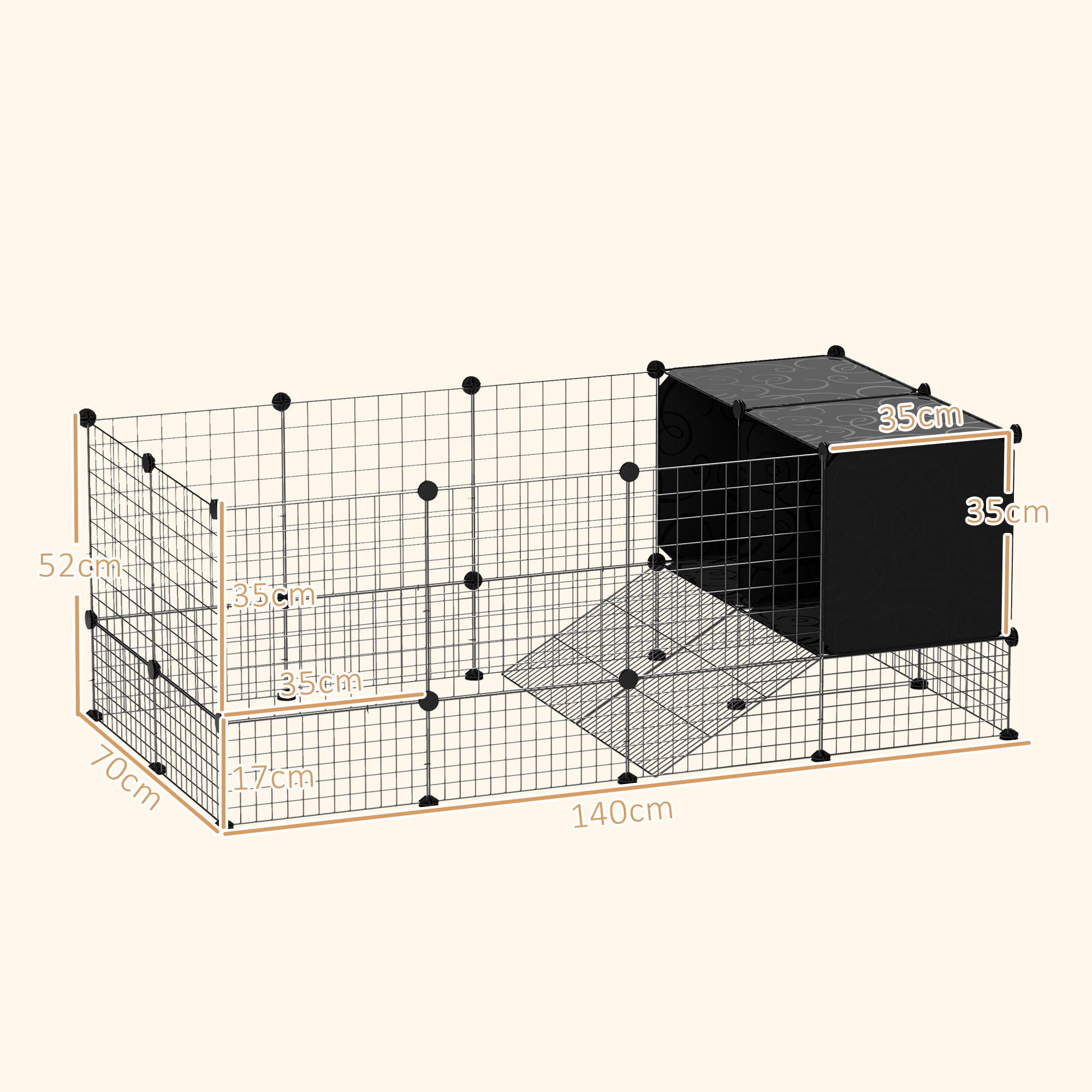 PawHut Rabbit Run, Pet Playpen, Small Animal Cage Enclosure, C&C Cage with Elevated Huts for Guinea Pigs, Hedgehogs, for Indoor Use, 31 Panels, Black