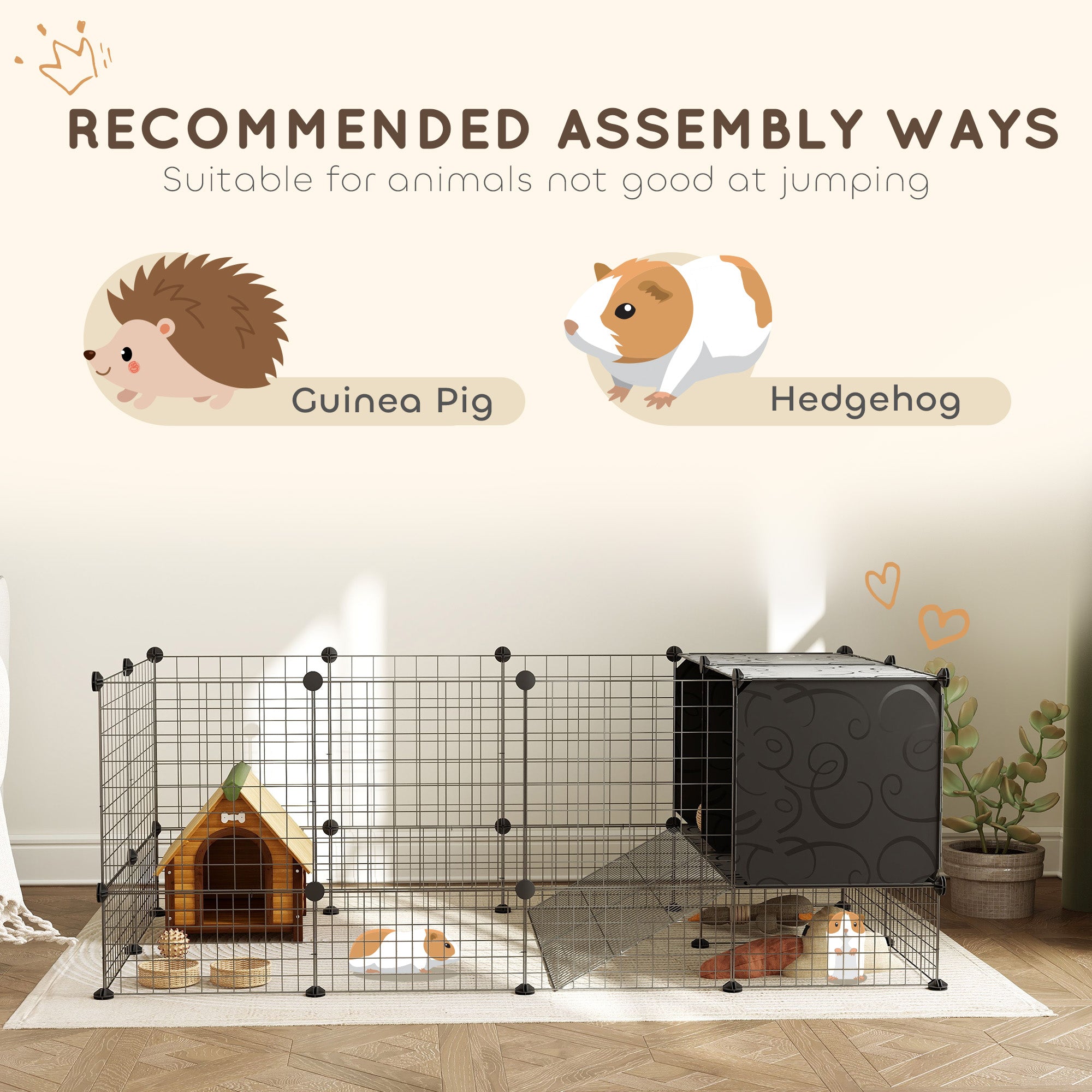 PawHut Rabbit Run, Pet Playpen, Small Animal Cage Enclosure, C&C Cage with Elevated Huts for Guinea Pigs, Hedgehogs, for Indoor Use, 31 Panels, Black