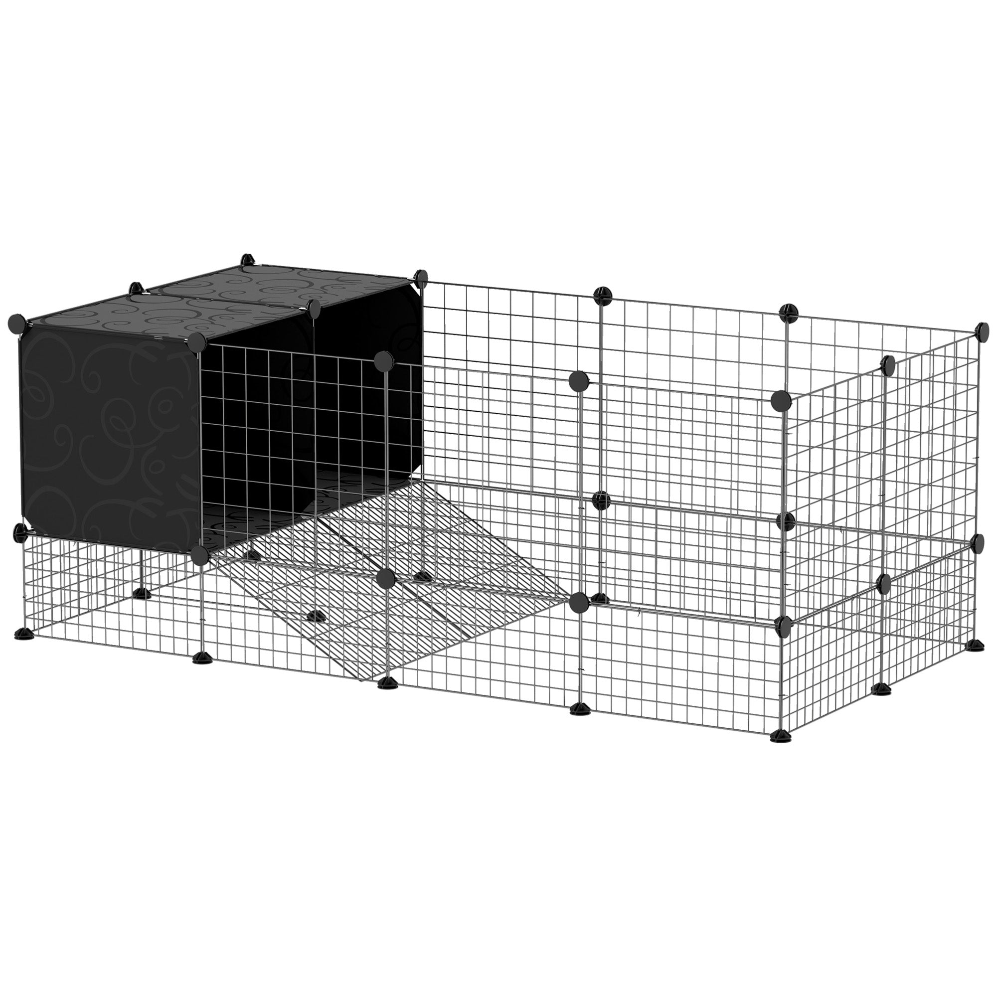 PawHut Rabbit Run, Pet Playpen, Small Animal Cage Enclosure, C&C Cage with Elevated Huts for Guinea Pigs, Hedgehogs, for Indoor Use, 31 Panels, Black