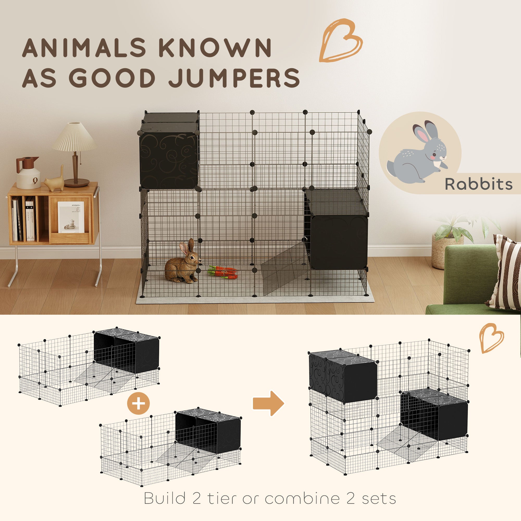PawHut Rabbit Run, Pet Playpen, Small Animal Cage Enclosure, C&C Cage with Elevated Huts for Guinea Pigs, Hedgehogs, for Indoor Use, 31 Panels, Black